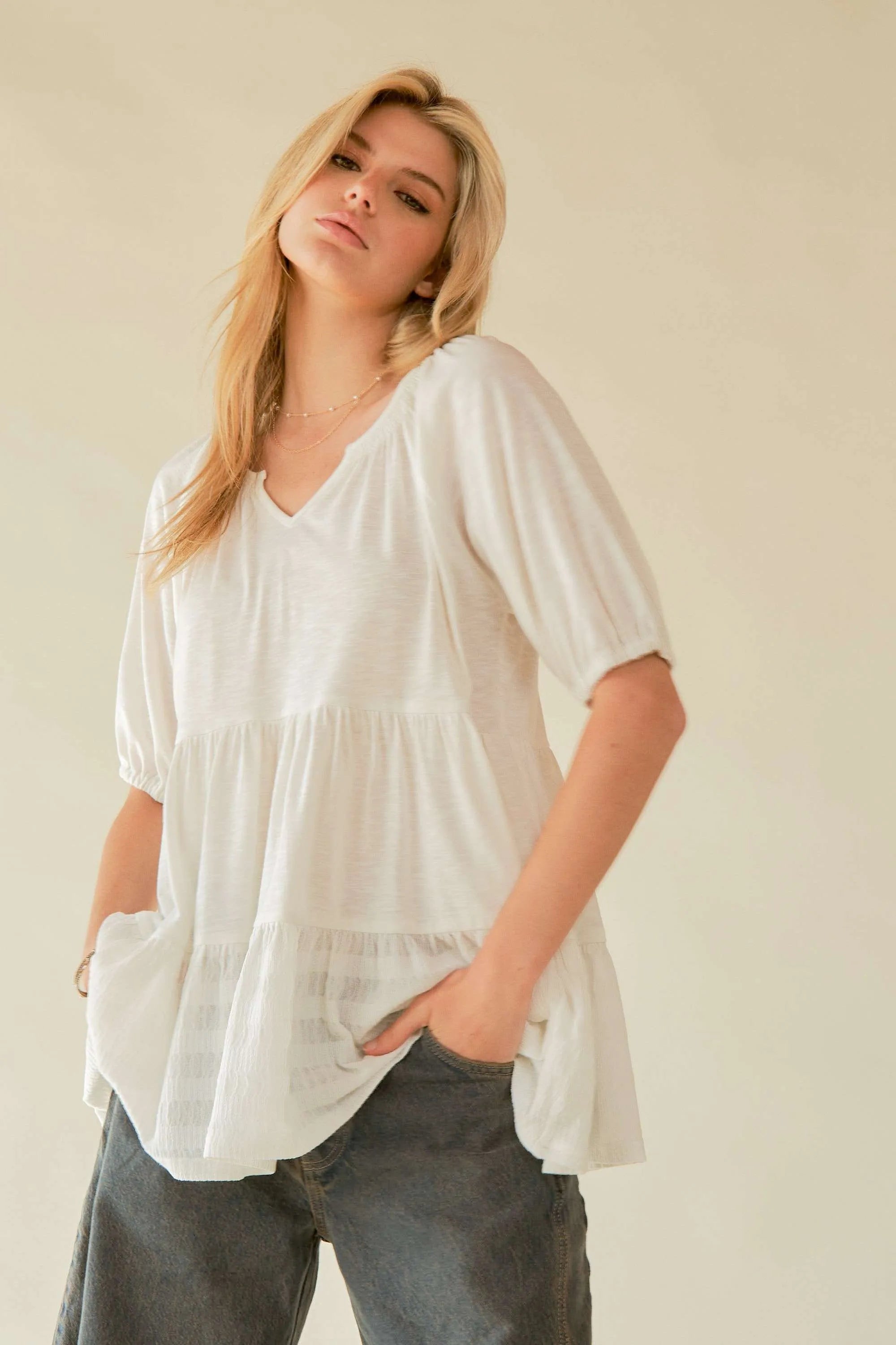 Boho White Ruffled Flare V-Neck Blouse for Women - Beachy Summer Top for Vacation, Date Night & Casual Outings