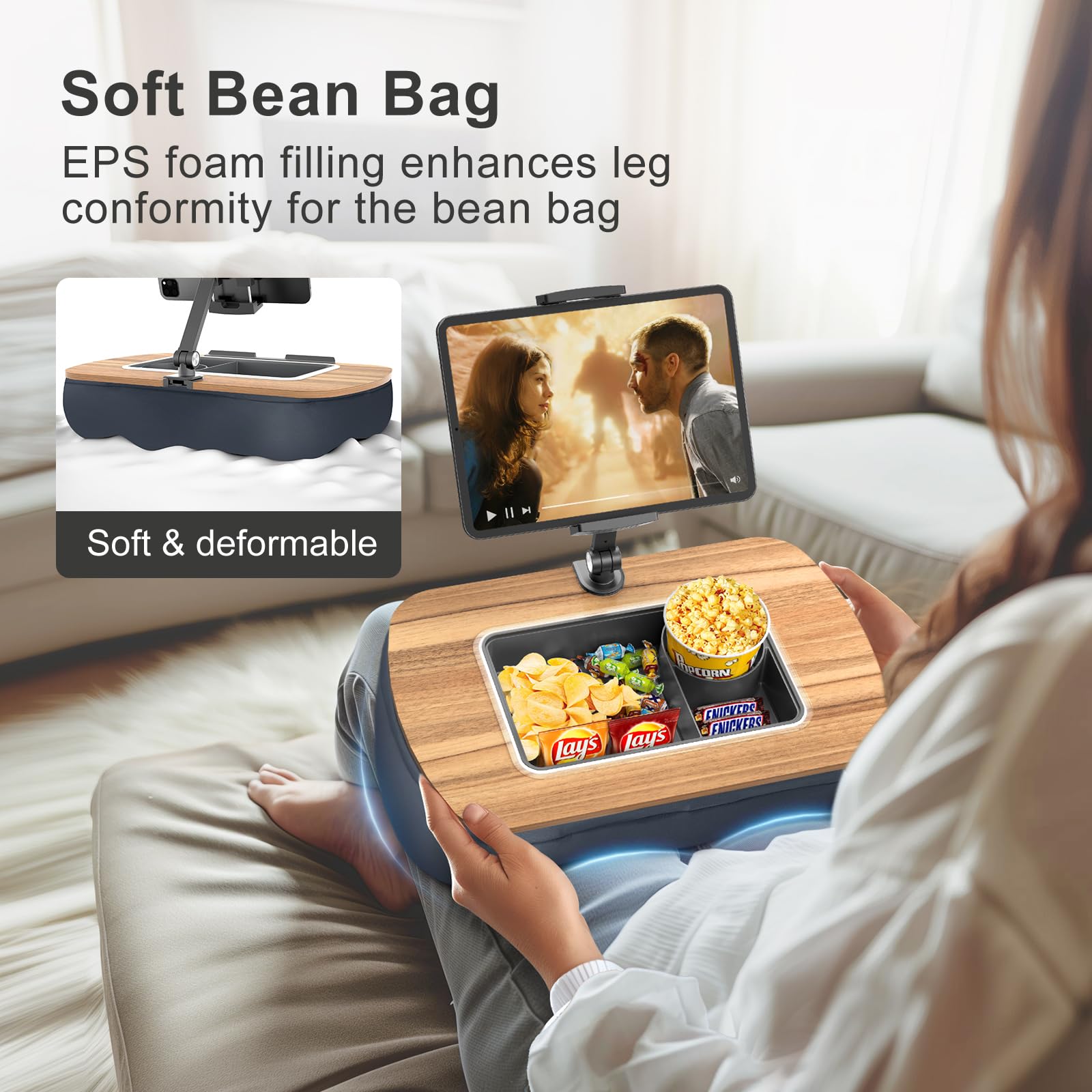 Adjustable Lap Beanbag Tablet Stand with 360° Rotating Clip & Snack Bowl - Compatible with iPad, Kindle, and Phones 4.7-13