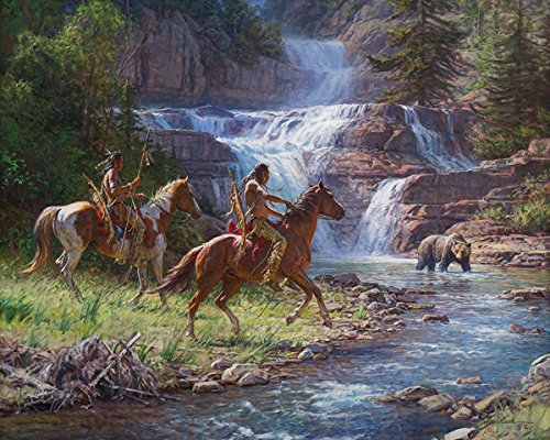Martin Grelle Signed 'Encounter at the Falls' Open Edition Art Print on Paper - Western Art for Home & Office Decor
