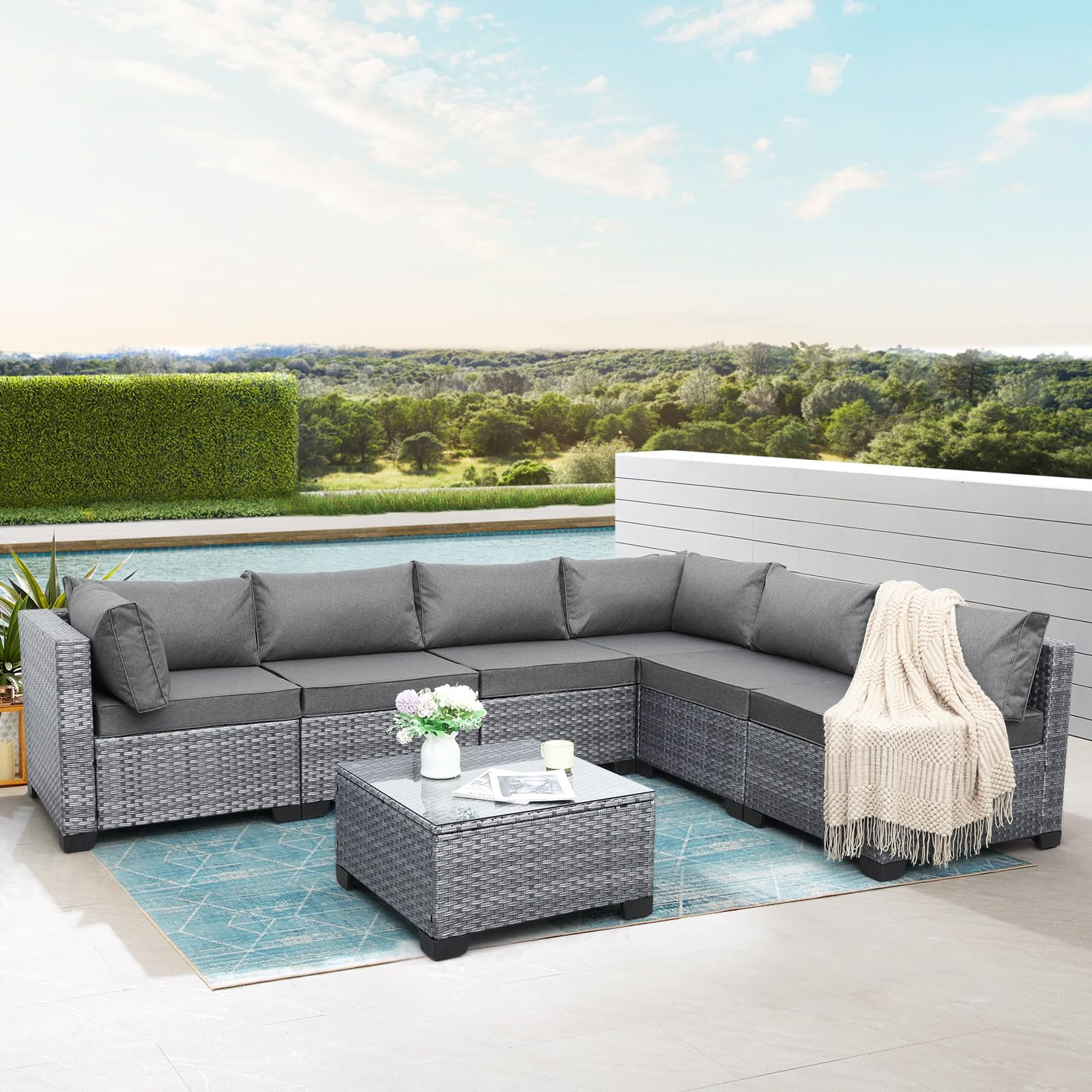 Valita 7-Piece Outdoor PE Wicker Patio Furniture Set - Gray Rattan Sectional Sofa with Washable Cushions for Garden, Poolside & Backyard Relaxation