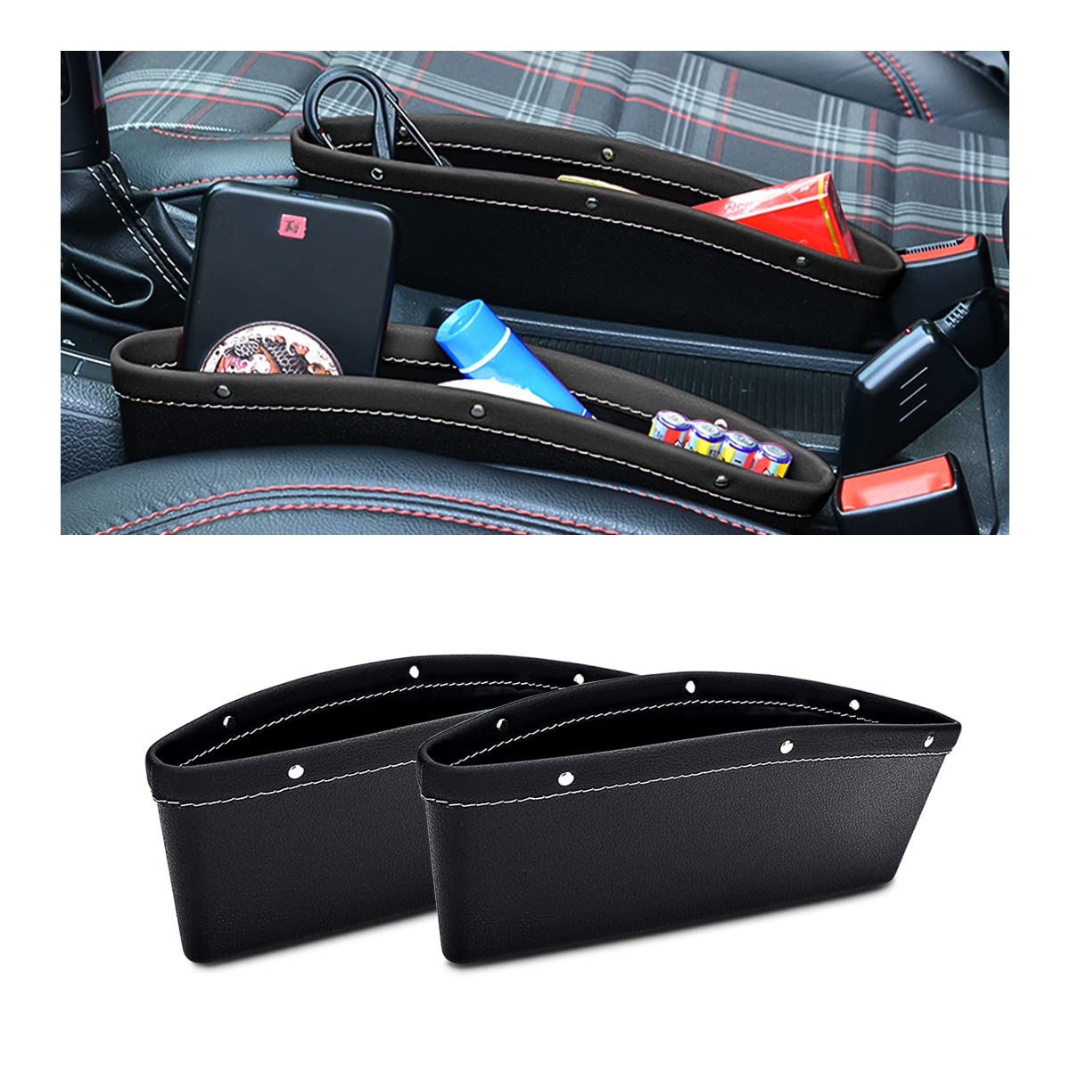 2PCS Universal Car Seat Gap Organizer - PU Leather Storage Box for Seat Side Crevices, Auto Interior Accessories Filler Pocket Fits Most Vehicles (Black) | Keep Phone, Keys & Small Items Organized While Driving