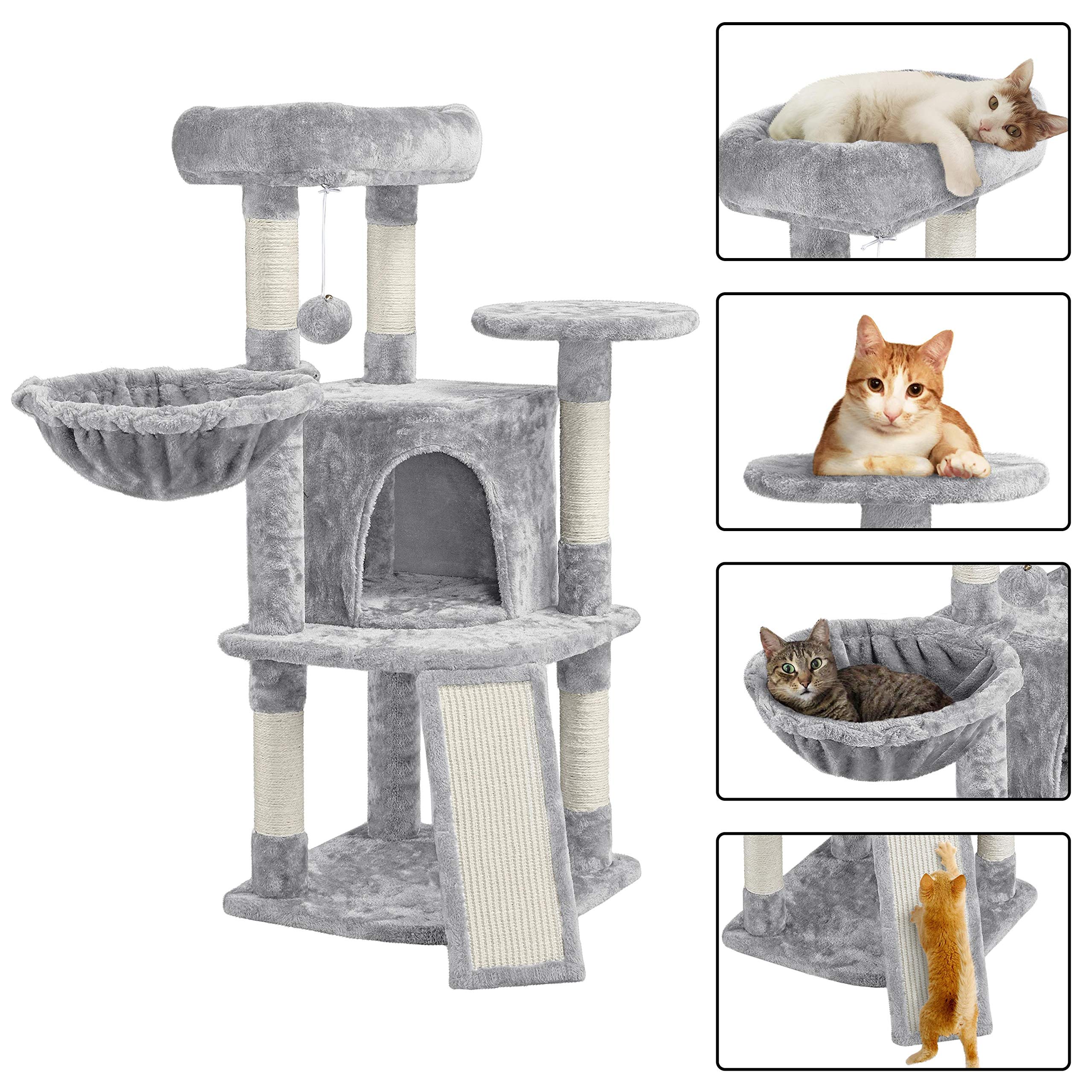 Topeakmart 42 Inch Cat Tree Tower for Indoor Cats - Multi-Level Cat Condo with Perch, Hammock & Scratching Posts - Durable Cat Activity Center & House in Light Gray - Perfect for Small Spaces & Playful Kittens