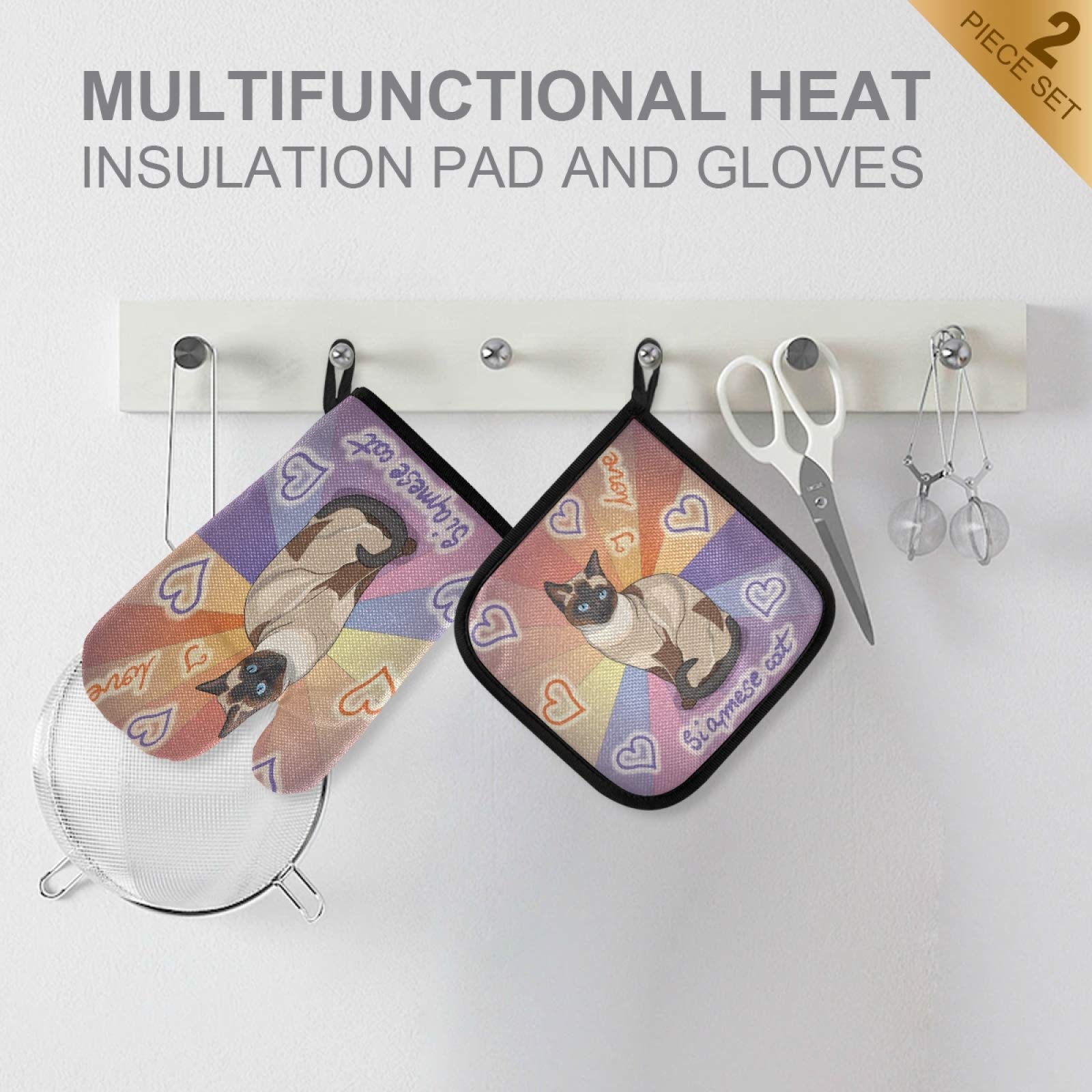 QUGRL Siamese Cat Oven Mitts and Pot Holders Set - Colorful Heart Pattern Heat Resistant Kitchen Gloves for Baking, Cooking, BBQ & Hot Pads - Perfect for Handling Cookware, Bakeware and Grilling Accessories