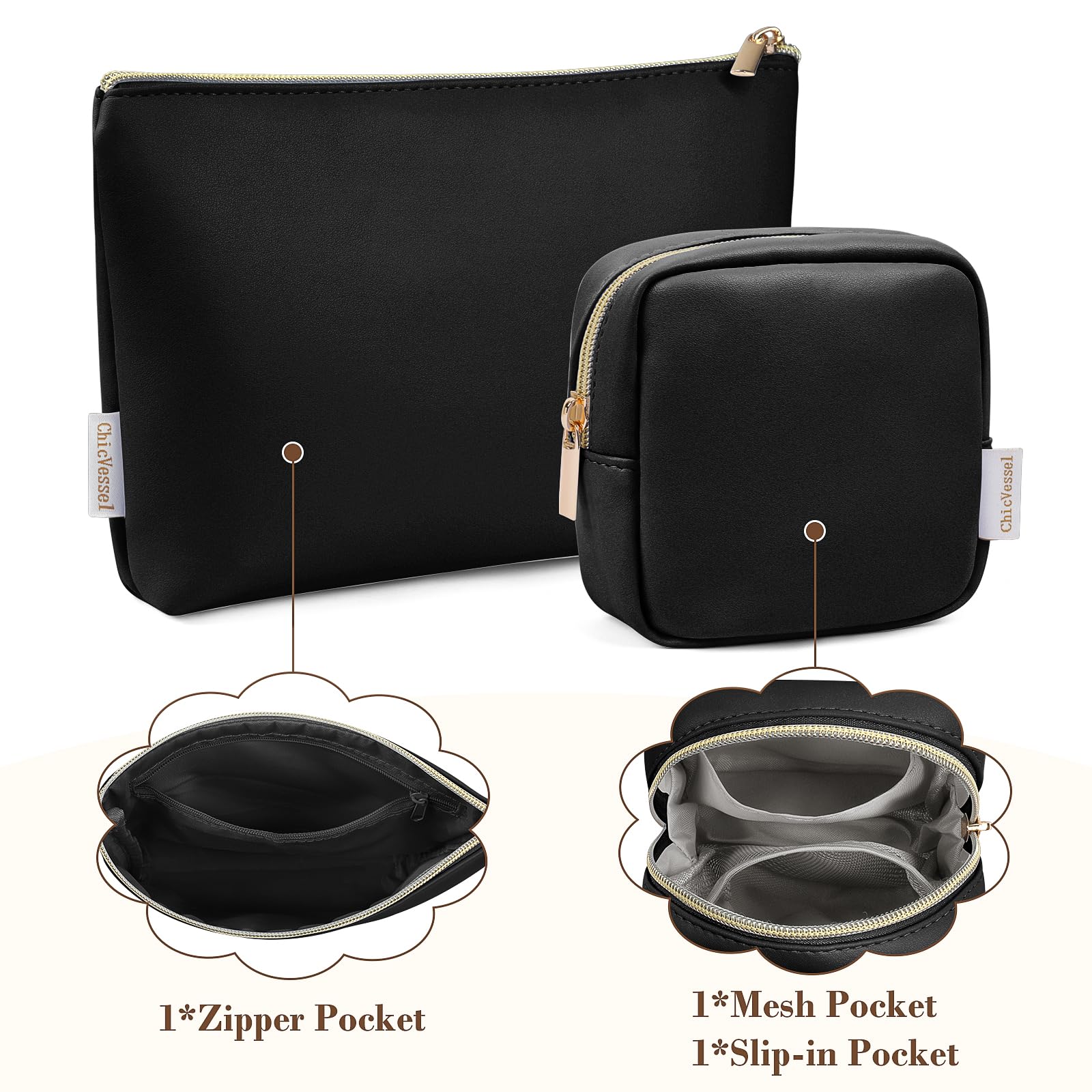 2 Pack Travel Makeup Bag - PU Leather Cosmetic Pouch, Small Portable Organizer for Purse, Toiletry & Makeup Essentials (Black) - Perfect for Travel, Gym & Daily Use