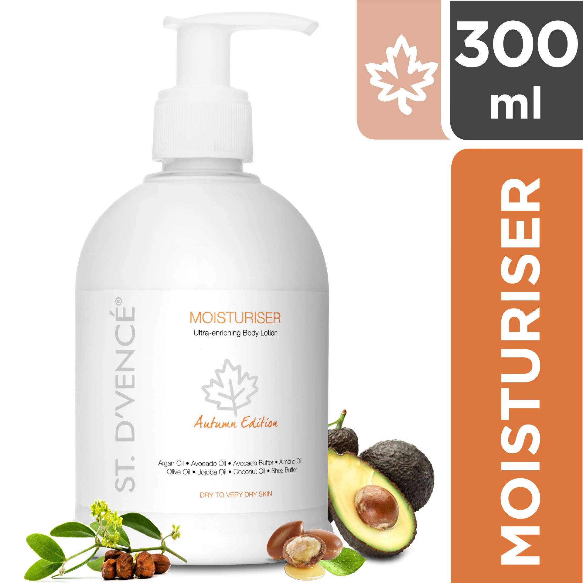 ST. D'VENCE Bordelais Autumn Moisturizer Body Lotion for Dry Skin - Deep Hydration with Argan, Olive & Jojoba Oil - 300ml - Ideal for Winter Care & Daily Use on Hands, Face & Body