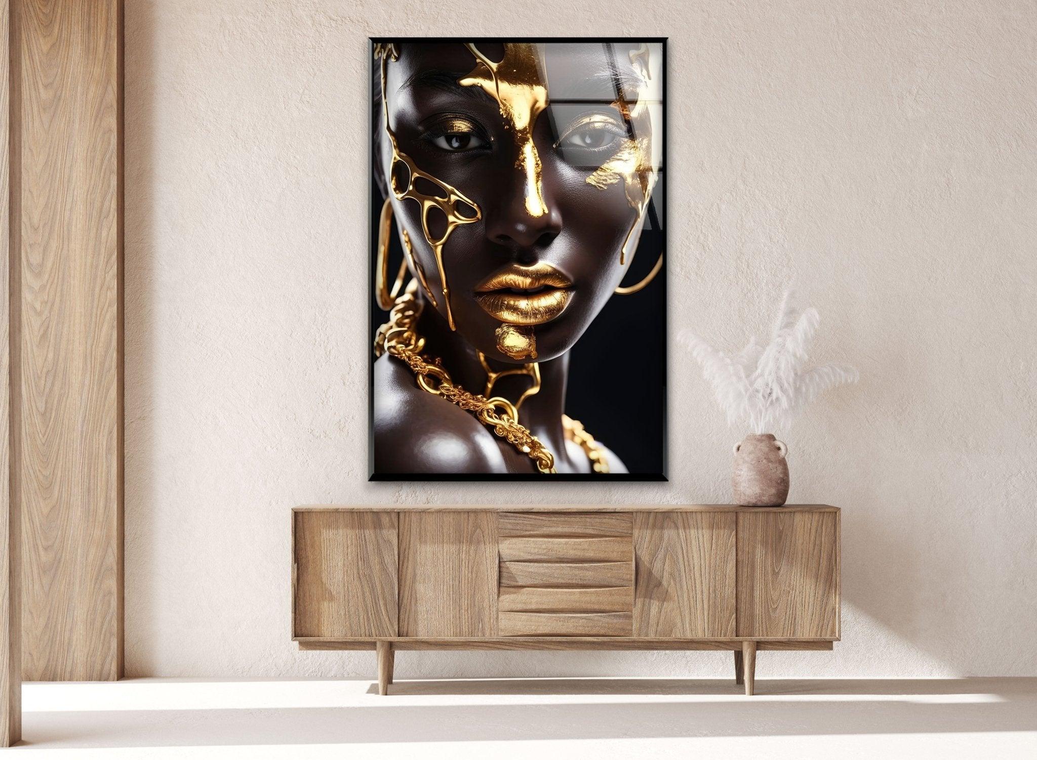 African Gold Woman Glass Wall Art - Handmade African Decor for Living Room, Bedroom & Office - Elegant Home Decor Gift for Women
