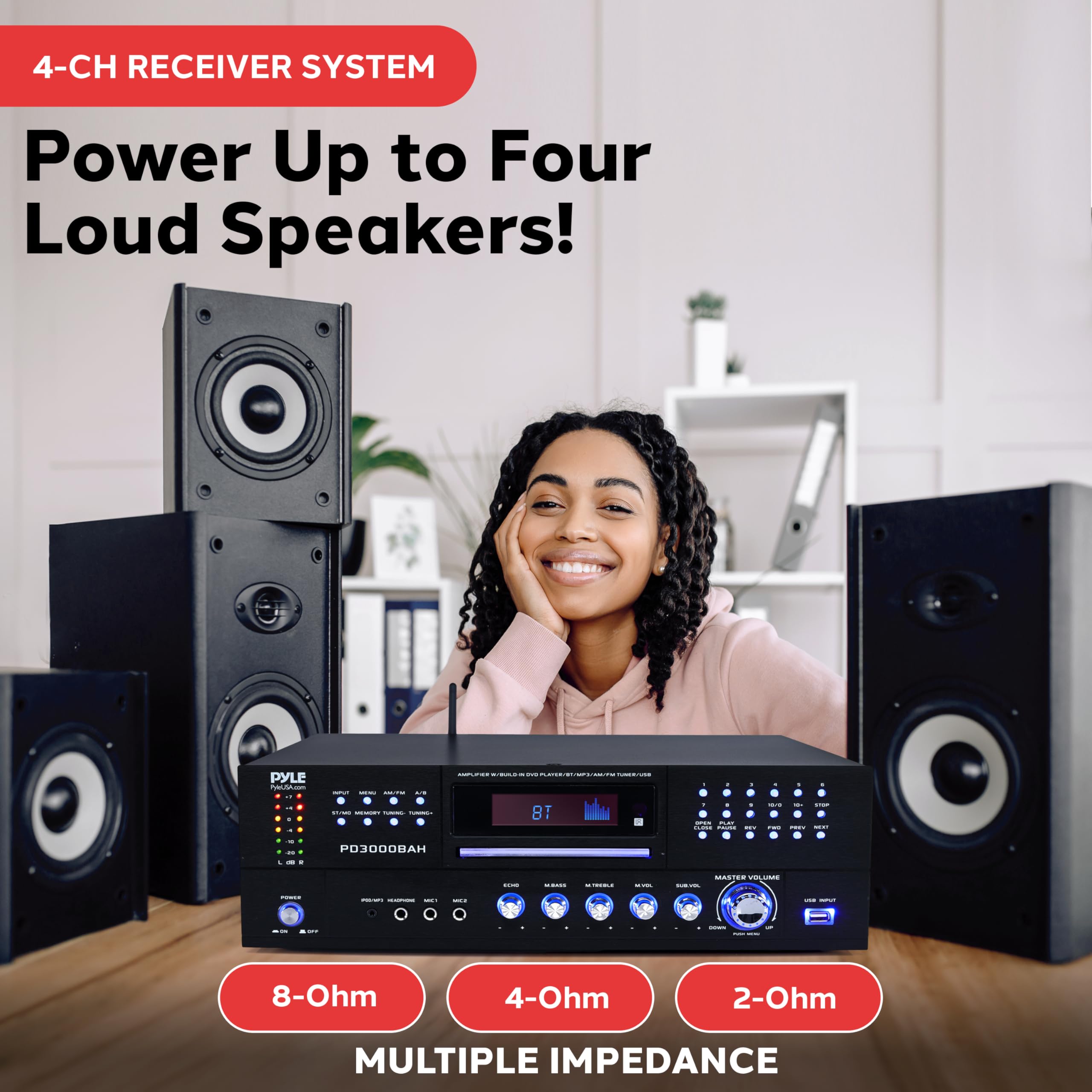 Pyle 4 Channel Wireless Bluetooth Amplifier - 4000W Home Audio Receiver with FM Radio, HDMI, USB, 2 Mic Inputs & Echo for Karaoke, CD/DVD Player - Perfect for Home Theater, DJ Setup, and Live Music Performances