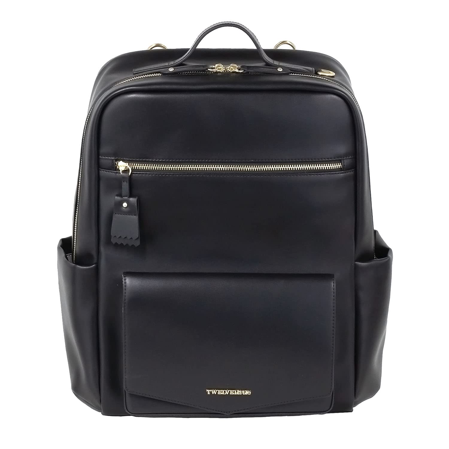 TWELVElittle Peek A Boo Vegan Leather Diaper Backpack with Stroller Clips, Wipes Pouch & Changing Pad - Perfect for Baby Essentials, Travel & On-the-Go Parents (Black)