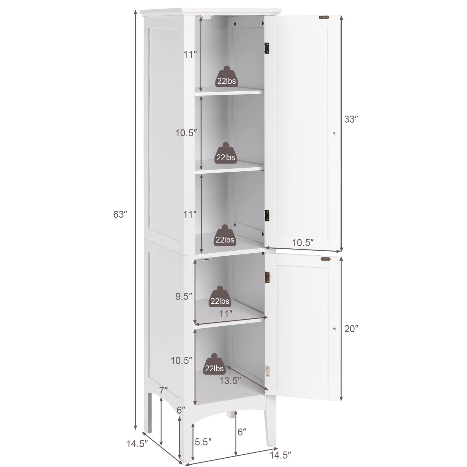 Giantex 5-Tier Storage Cabinet - Freestanding Tall Bathroom & Kitchen Organizer with Shelves, Slim Floor Cabinet for Living Room, Bedroom, Linen & Towel Storage (White) - Perfect for Small Spaces & Home Organization