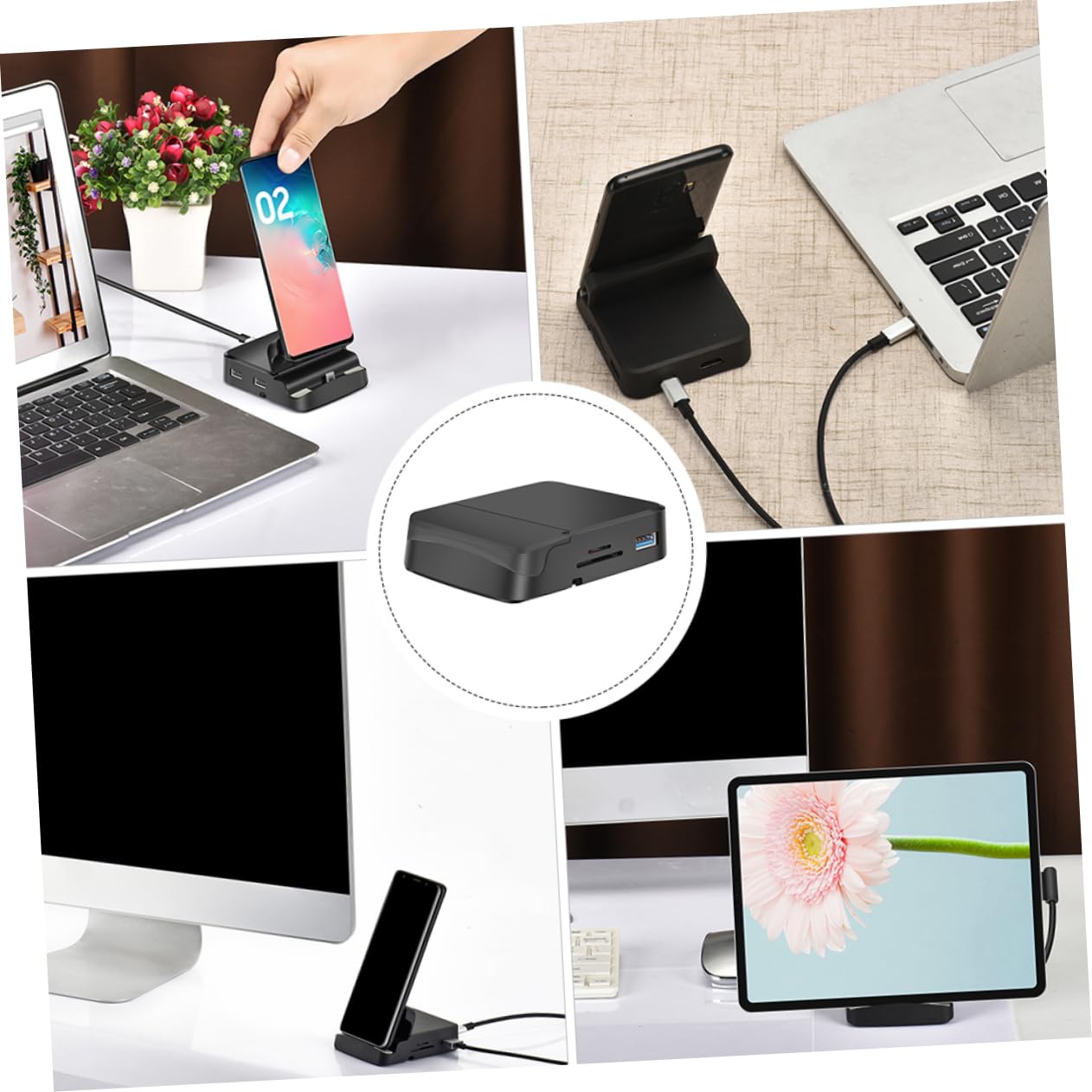 KONTONTY 8-in-1 USB C Docking Station with Phone Holder - 8 Port USB Hub Adapter for Laptop, PC, MacBook - Ideal for Home Office, Gaming & Multi-Device Charging
