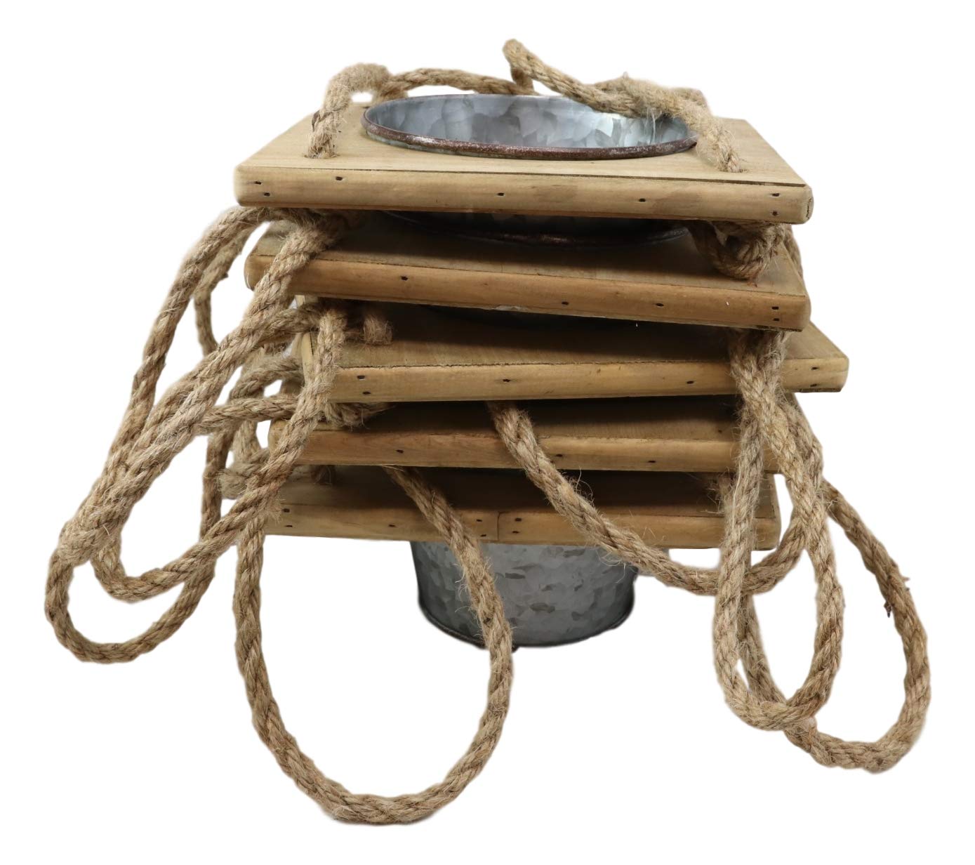 Ebros Set of 2 Galvanized Metal 5-Tier Hanging Planters – Indoor/Outdoor Macrame Rope Plant Pots for Succulents, Greenery – Perfect for Garden, Patio, Poolside & Lawn Decor