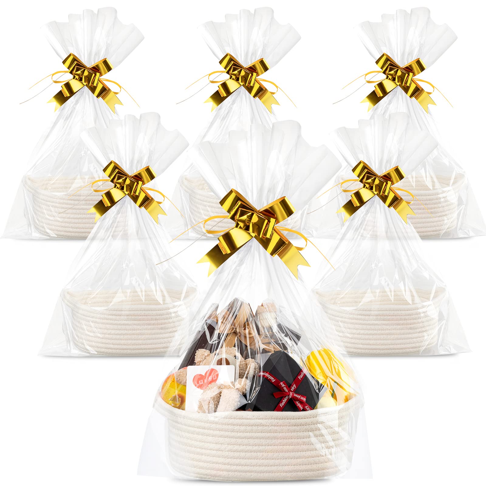 6 Sizes Woven Storage Basket with Gift Bags & Gold Bows - Soft Cotton Rope Handled Basket for Baby Toys, Home Organization - Perfect for Easter, Birthday, Christmas Gifts & Nursery Decor