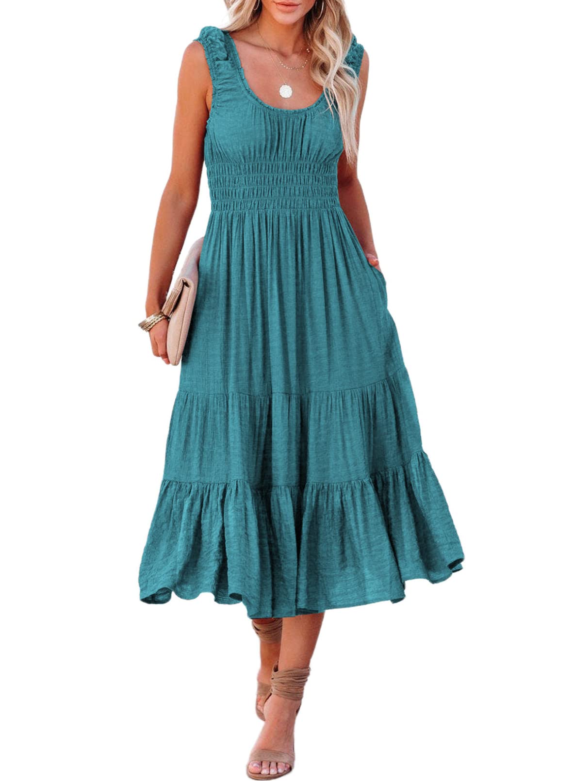 AlvaQ Women's Summer Sleeveless Smocked Midi Dress - High Waist A-Line Sundress with Pockets | Casual Tiered Flowy Dress for Beach, Vacation & Everyday Wear