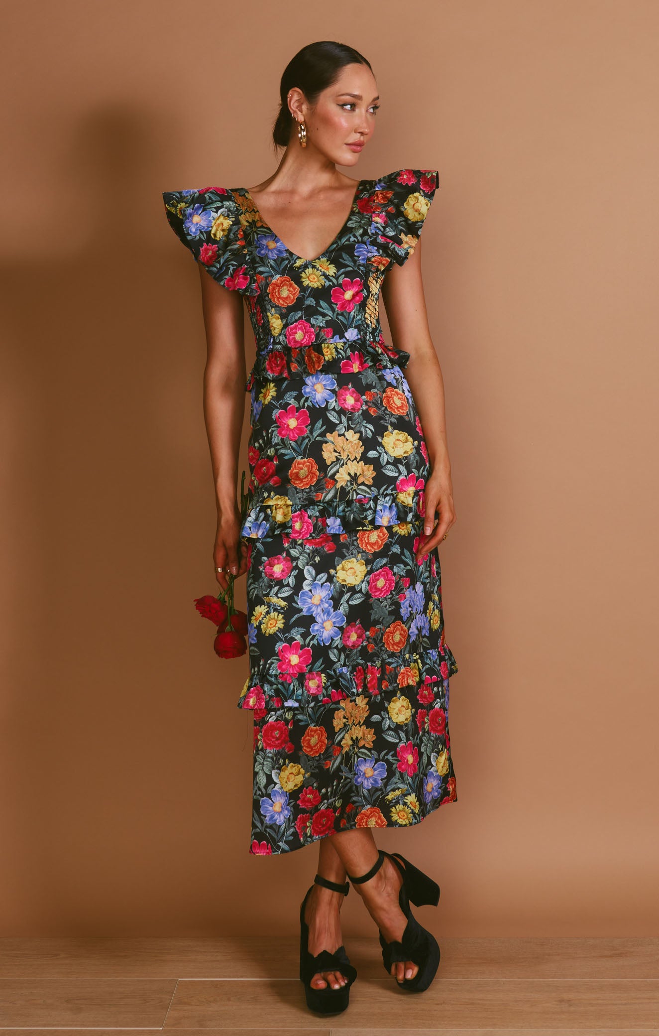 Lindsay Midi Dress - Elegant Black Satin Floral Dress for Women | Perfect for Cocktail Parties, Date Nights & Special Occasions