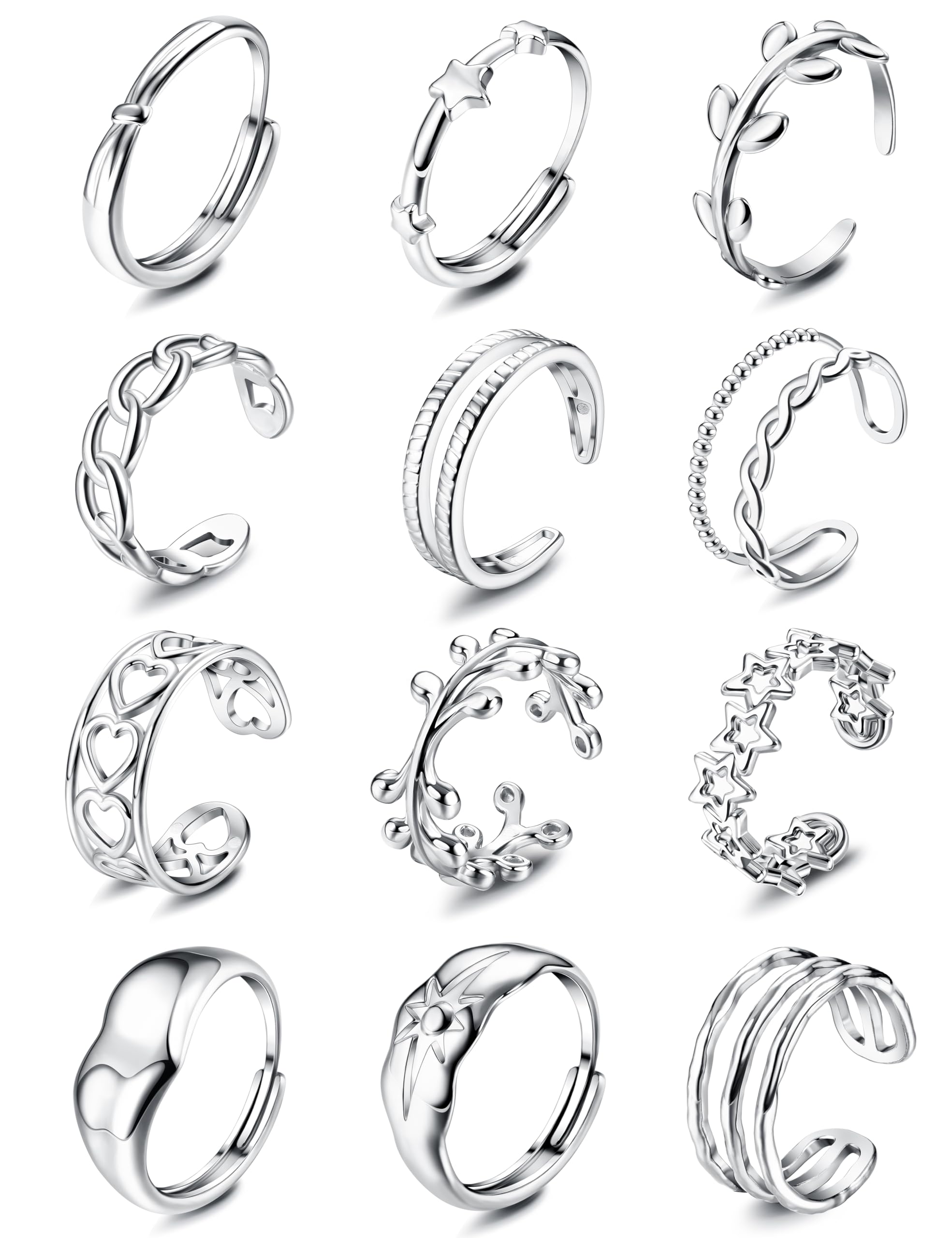 12Pcs Stainless Steel Stackable Rings for Women - Silver Aesthetic Adjustable Open Knuckle & Thumb Rings (Size 6-9) - Trendy Indie Jewelry for Everyday Wear, Layering & Boho Fashion