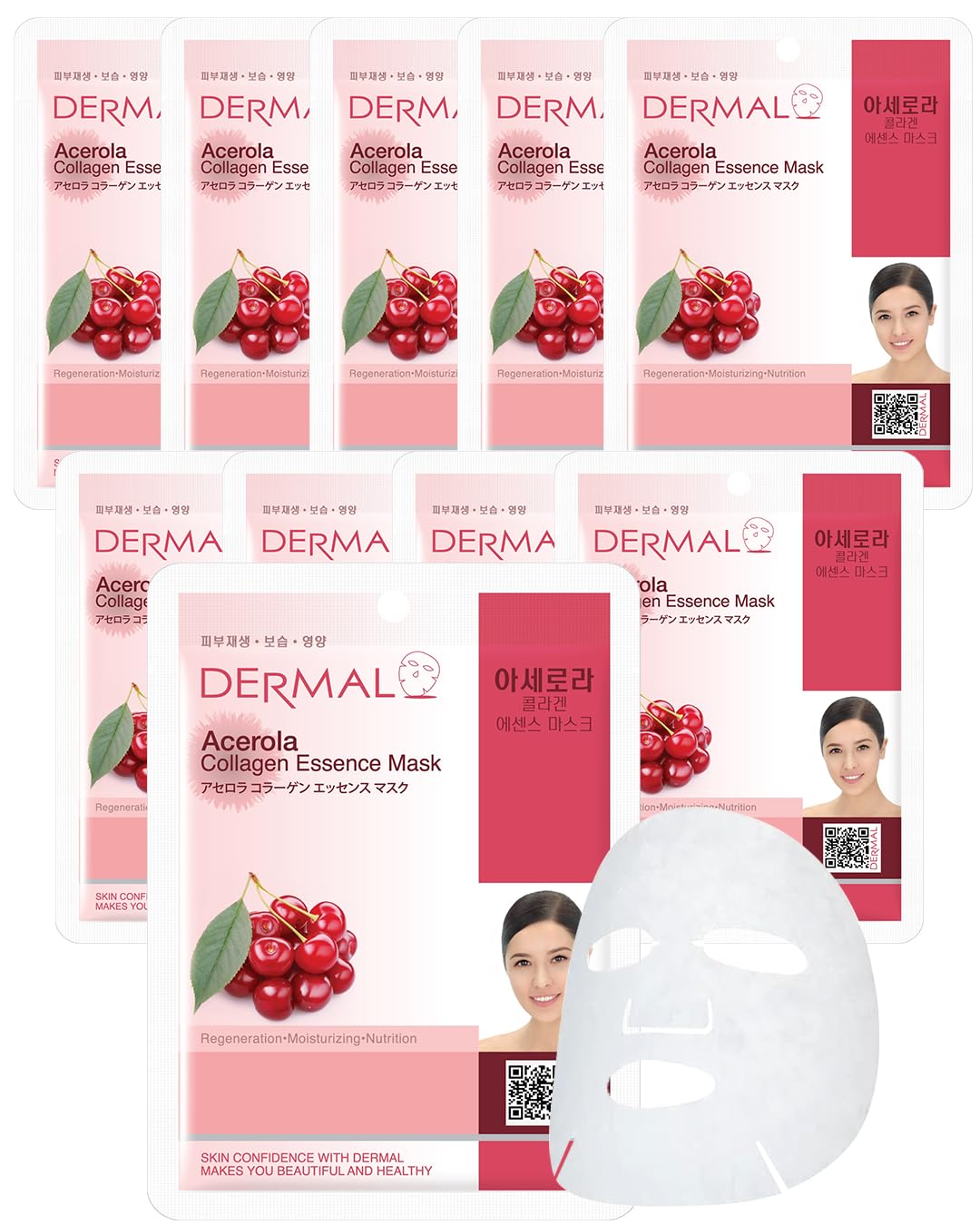 Dermal Acerola Collagen Face Mask 10 Pack - Brightening Sheet Mask with Vitamin C for Acne, Dark Spots & Wrinkles | Hydrating & Firming Skincare Treatment for Daily Use at Home or Spa