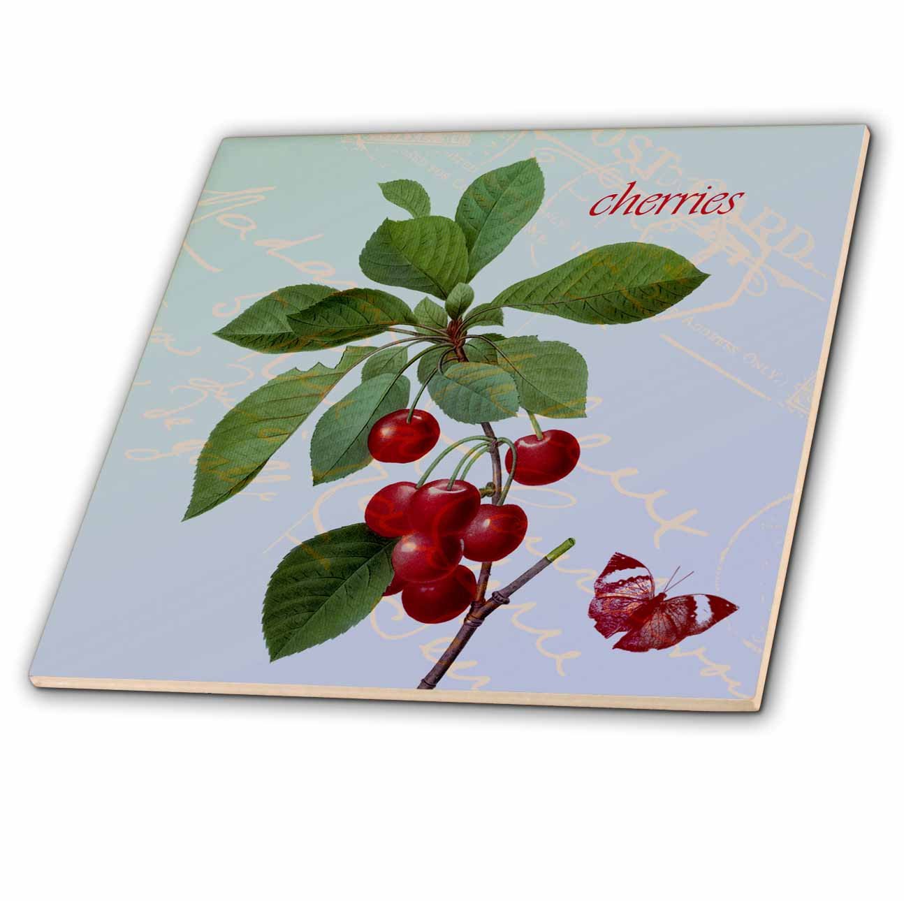 Vintage Cherries with Butterfly Ceramic Tile - 6