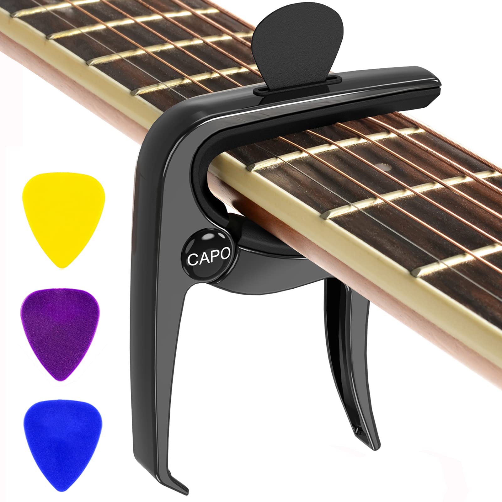 Dulphee 3-in-1 Guitar Capo with Pick Holder & Free Picks - Universal Clamp for Acoustic, Electric Guitars, Ukulele, Mandolin, Banjo - Perfect for Live Performances, Practice & Studio Recording