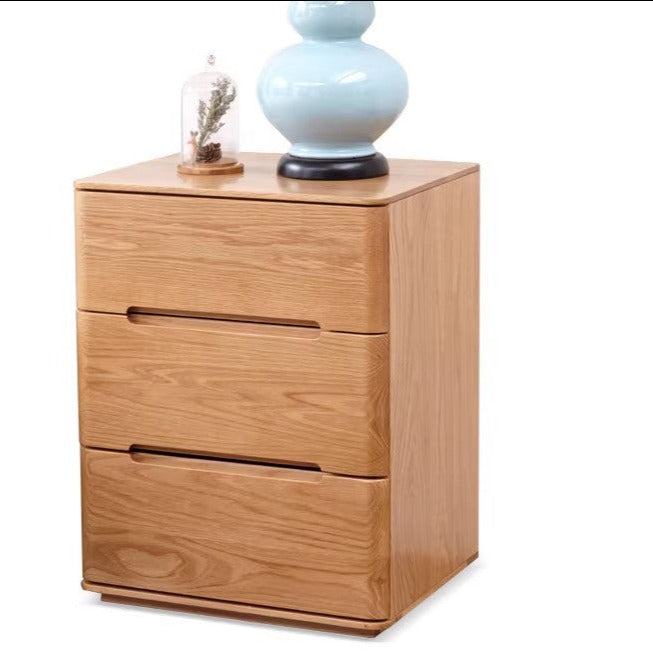 Solid Oak Wood 3-Drawer Nightstand with Lock - Bedside Table for Bedroom, Living Room & Office Storage