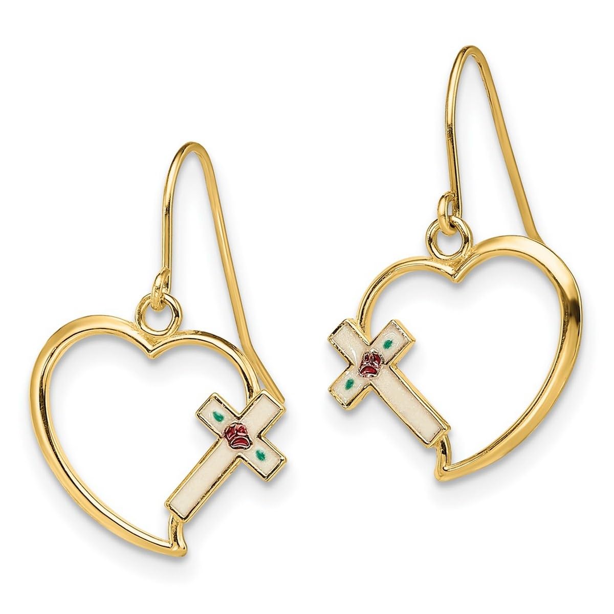 14K Gold Love Heart Enamel Religious Faith Cross Wire Earrings for Women - 20.9x13.7mm Elegant Dangle Earrings - Perfect for Church, Weddings & Everyday Faith Jewelry
