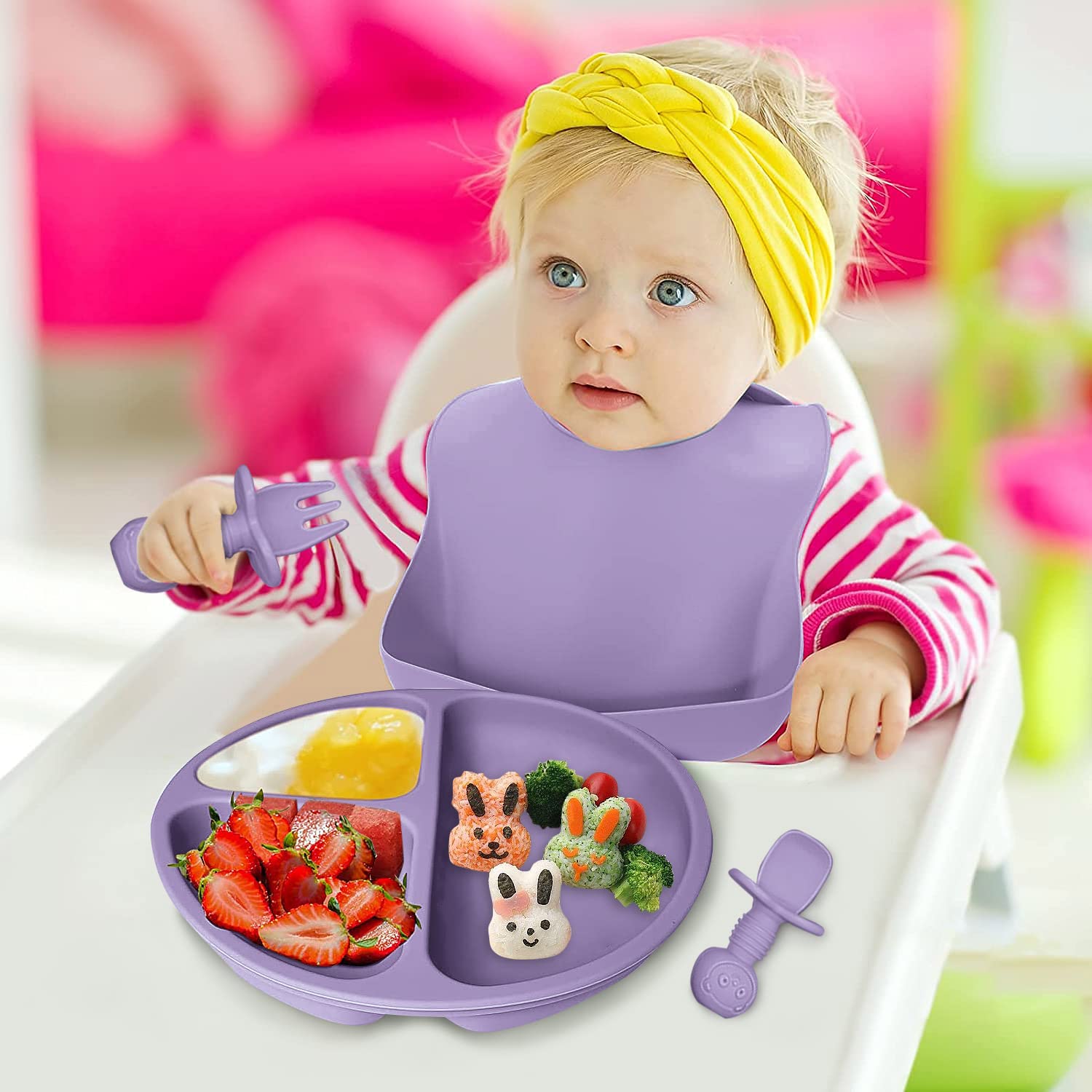 8-Piece Baby Feeding Set for Weaning | Includes Suction Bowl, Plate, Spoon, Fork, Sippy Cup with Straw & Lid | BPA-Free Infant Utensils | Perfect for Baby-Led Weaning & Toddler Mealtime - Purple