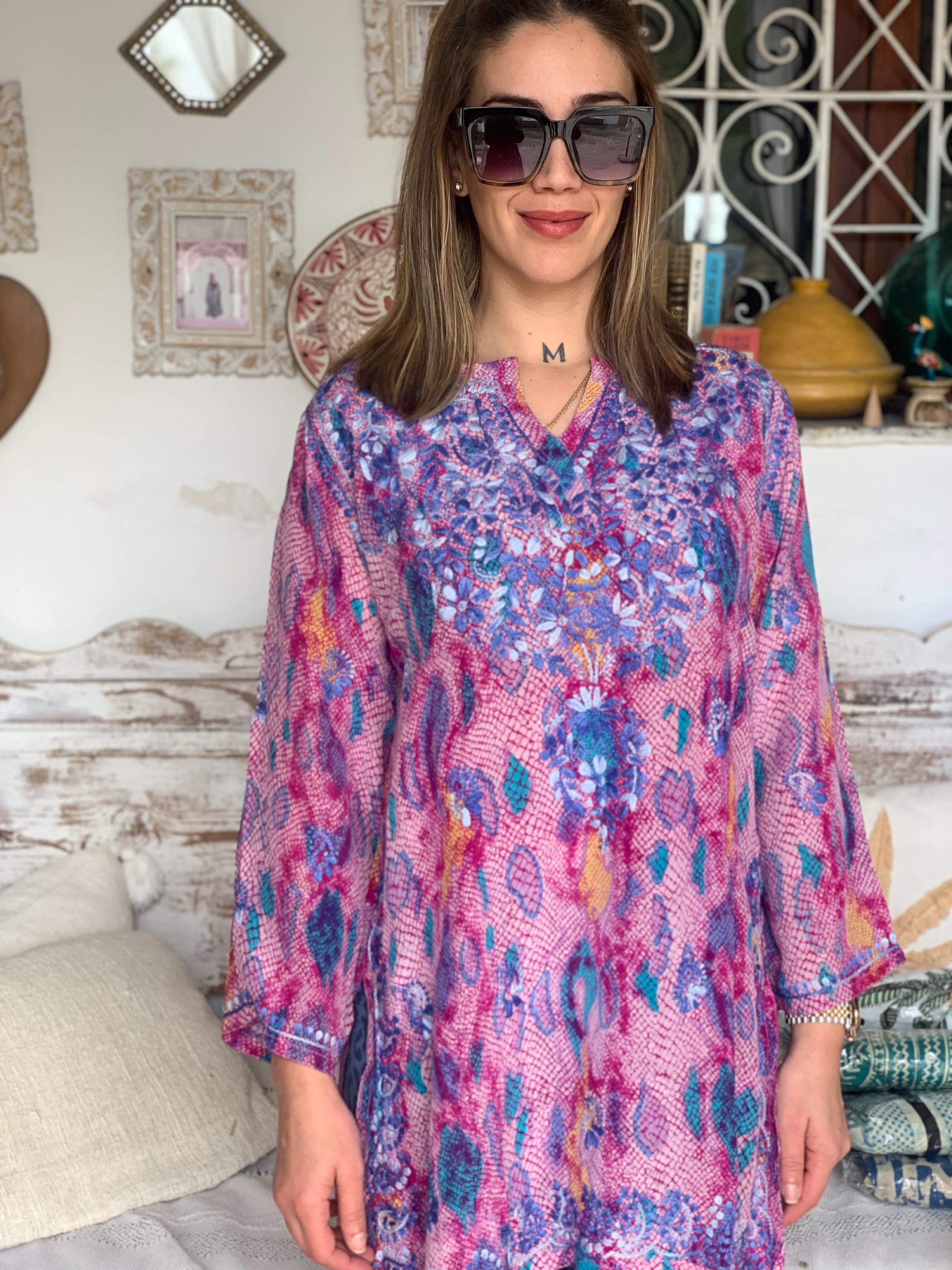 2024 New Women's Silk Tunic Top - Elegant Floral Rose Print Design, Breathable & Comfortable for Summer Wear | Perfect for Casual Outings, Beach Cover-ups & Boho Chic Style