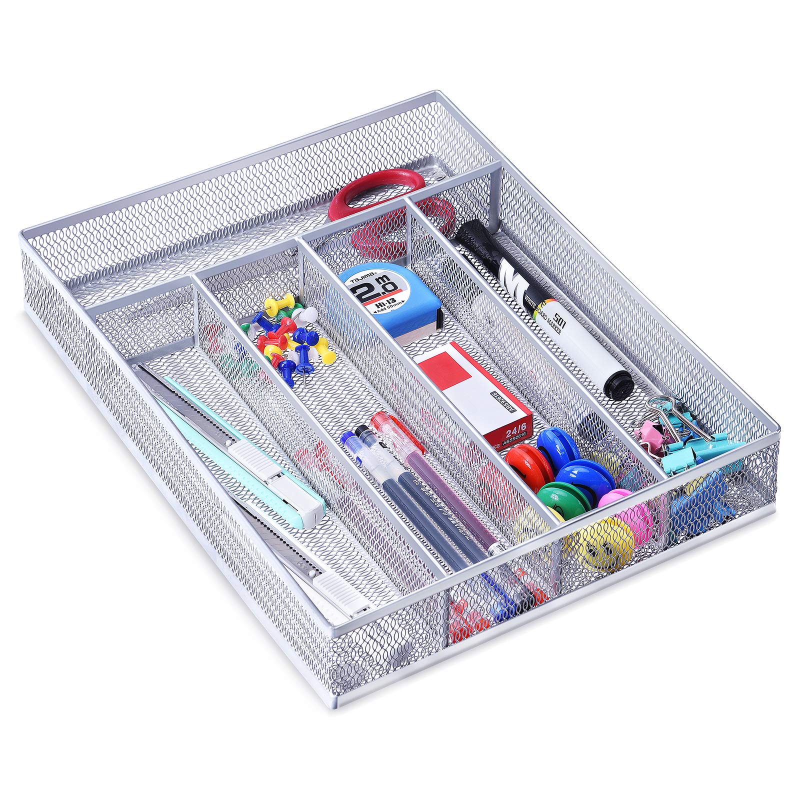 WuGeShop 5-Compartment Metal Mesh Desk Drawer Organizer Tray with Non-Slip Mats - Office, Bathroom & Kitchen Storage Solution - Silver | Perfect for Organizing Stationery, Makeup & Utensils