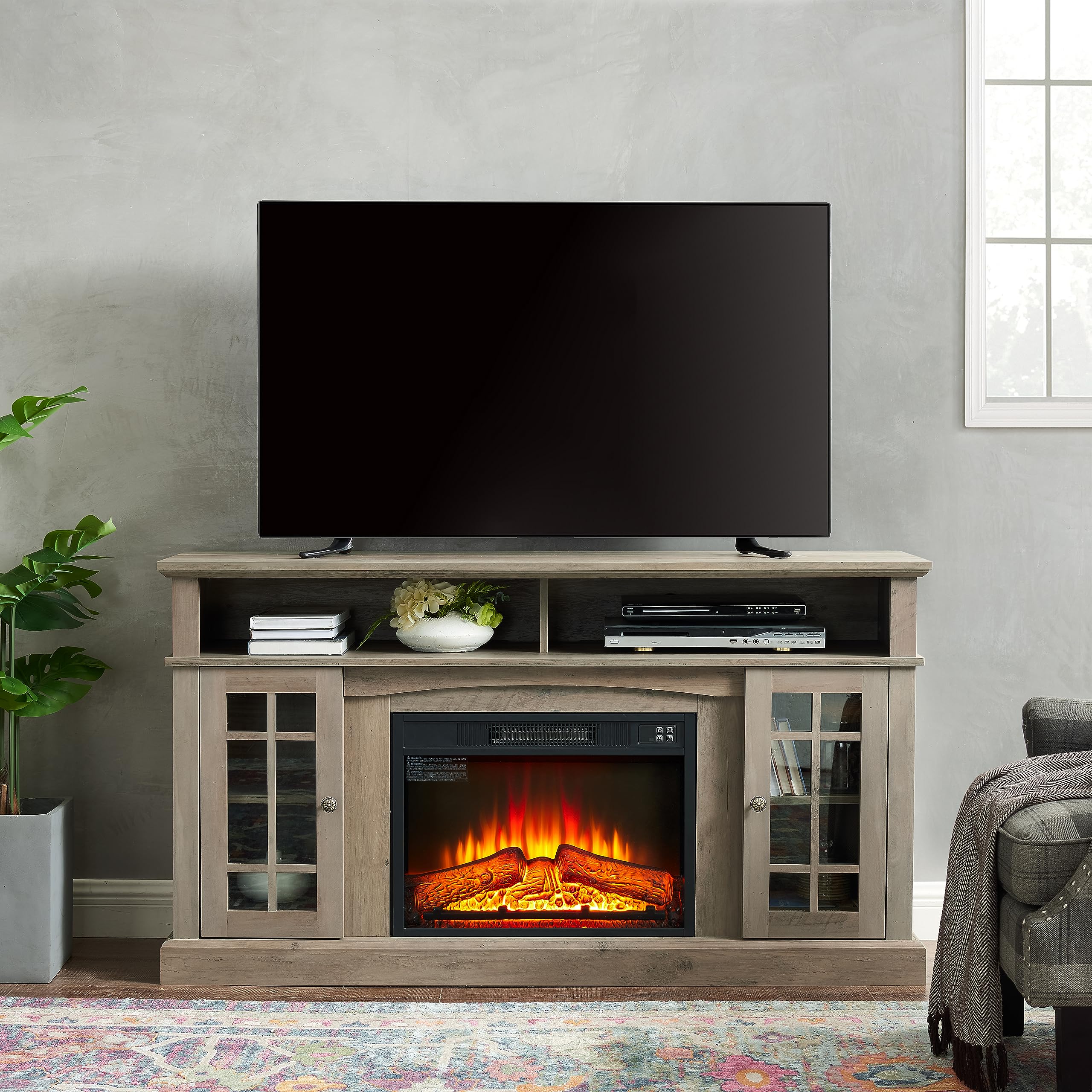 Modern Gray Wash Fireplace TV Stand for 65 Inch TVs - Stylish Living Room Entertainment Center with Electric Fireplace - Perfect for Cozy Winter Nights & Home Decor
