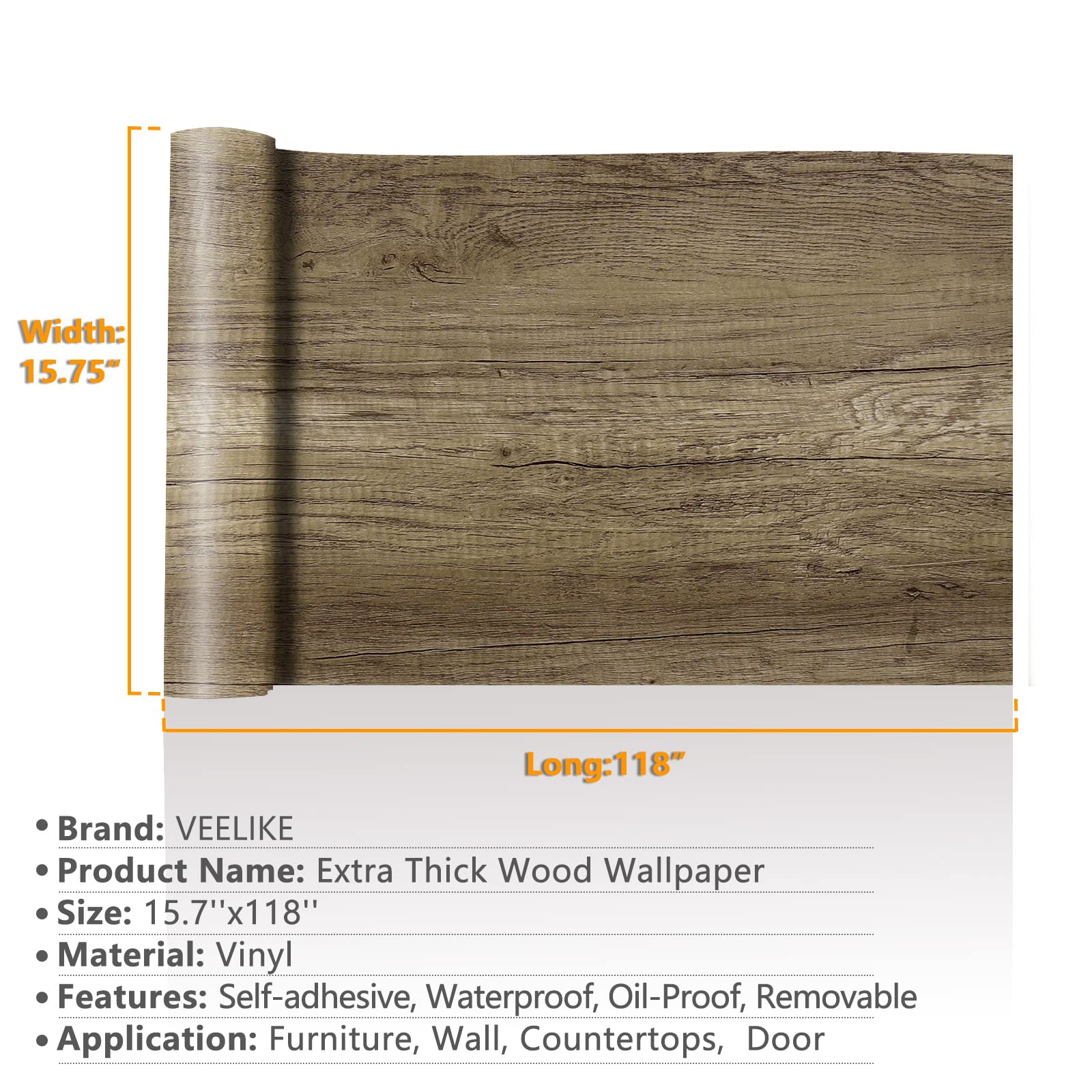 VEELIKE Light Brown Wood Wallpaper Peel and Stick - 15.7''x118'' Rustic Wood Plank Contact Paper, Self-Adhesive Waterproof Removable Wood Grain Vinyl Wrap for Cabinets, Furniture, Desk, Walls - Perfect for Home Office, Kitchen Backsplash, DIY Projects & Room Makeovers