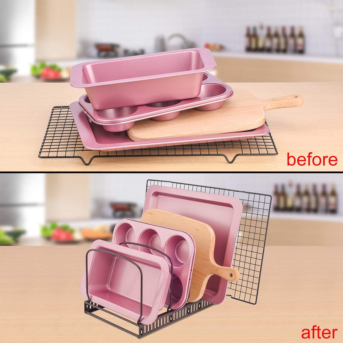 Toplife Adjustable 10-Pan & 7-Lid Organizer Rack for Kitchen Cabinet and Countertop - Space Saving Storage Solution for Pots, Pans & Cookware Lids - Brown (Ideal for Small Kitchens & Organized Cooking)