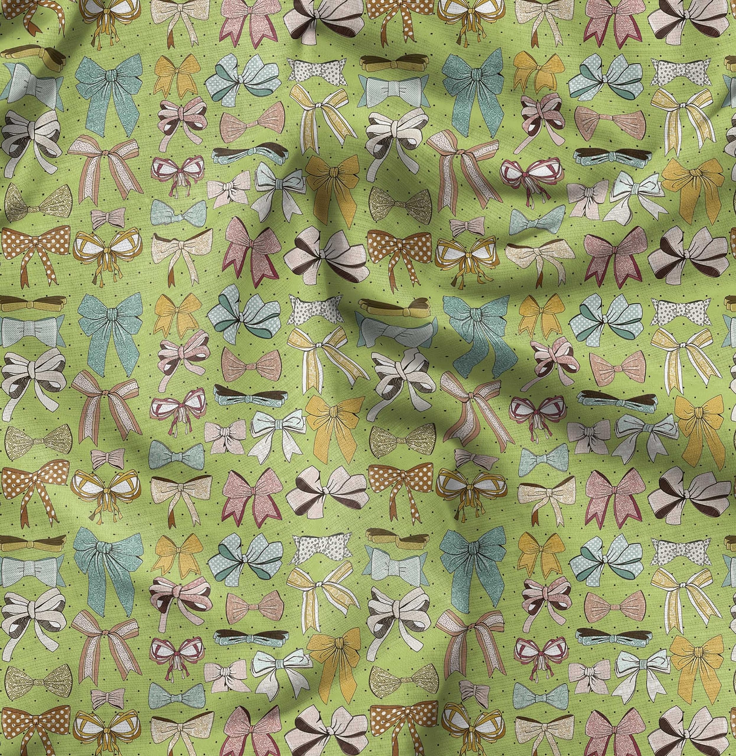 Soimoi Moss Georgette Green Fabric by The Yard - 42 Inch Wide Printed Cotton Material with Multi Bow & Dots Pattern for Dresses, Curtains, DIY Crafts & Home Decor