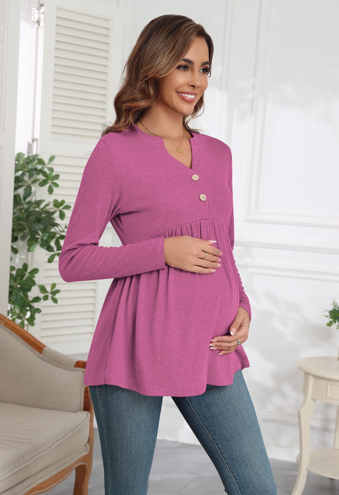 Xpenyo Women's Maternity Tops - Long Sleeve Pregnancy Tunic Shirts with V-Neck Buttons, Fall 2024 Casual & Dressy Blouses - Perfect for Office, Maternity Photos & Everyday Comfort