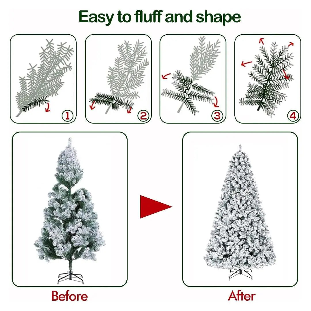 6'/7.5'/9' Flocked Snow Christmas Tree with Pine Cones & Warm White LED Lights - Hinged Branches & Sturdy Metal Stand for Holiday Home Decor, Office, and Party Decoration