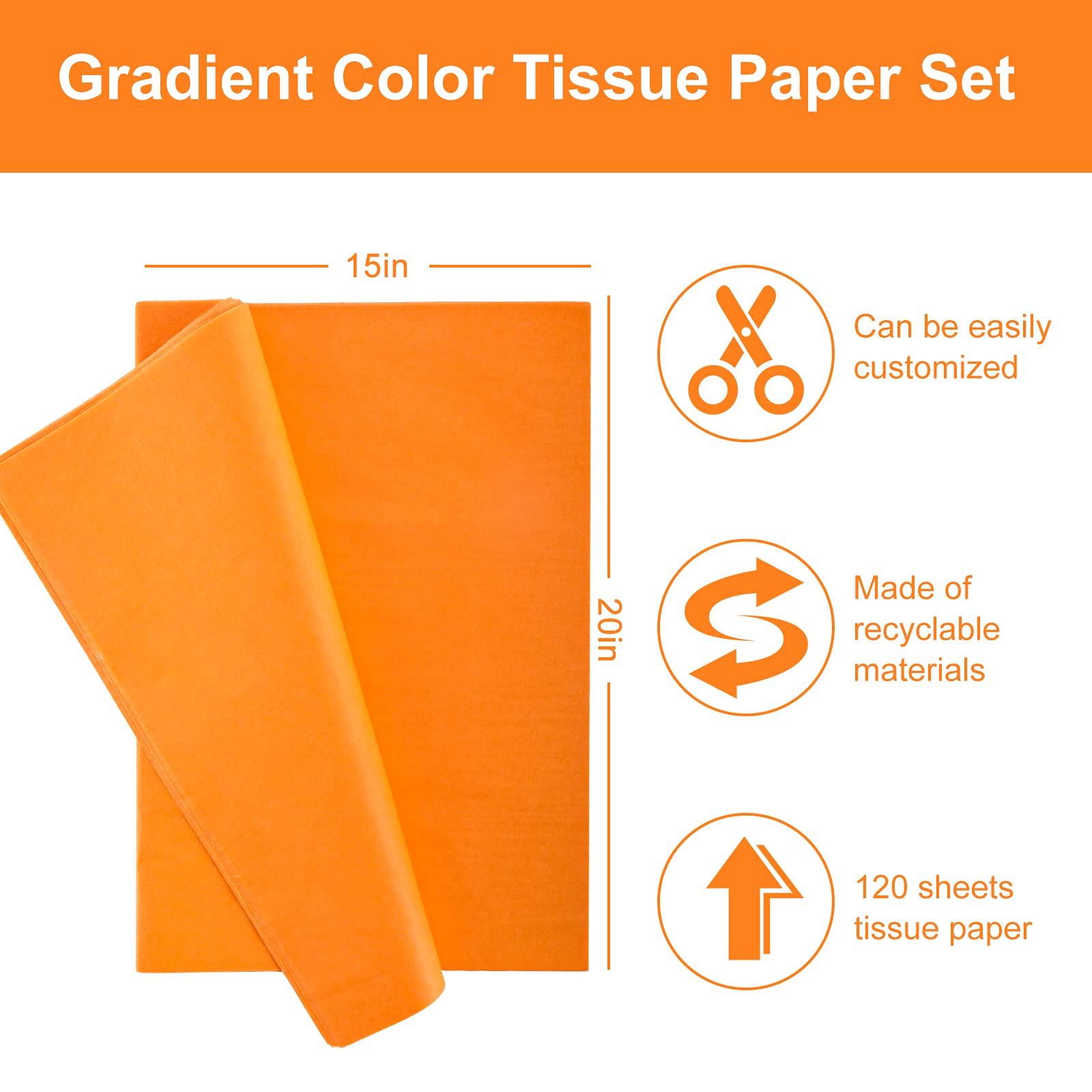 Whaline 120-Sheet Fall Assorted Orange Tissue Paper - 15x20 Inch Decorative Wrapping Paper for Halloween, Thanksgiving, Autumn Crafts | Gift Wrapping, Party Decor, DIY Pompom Projects