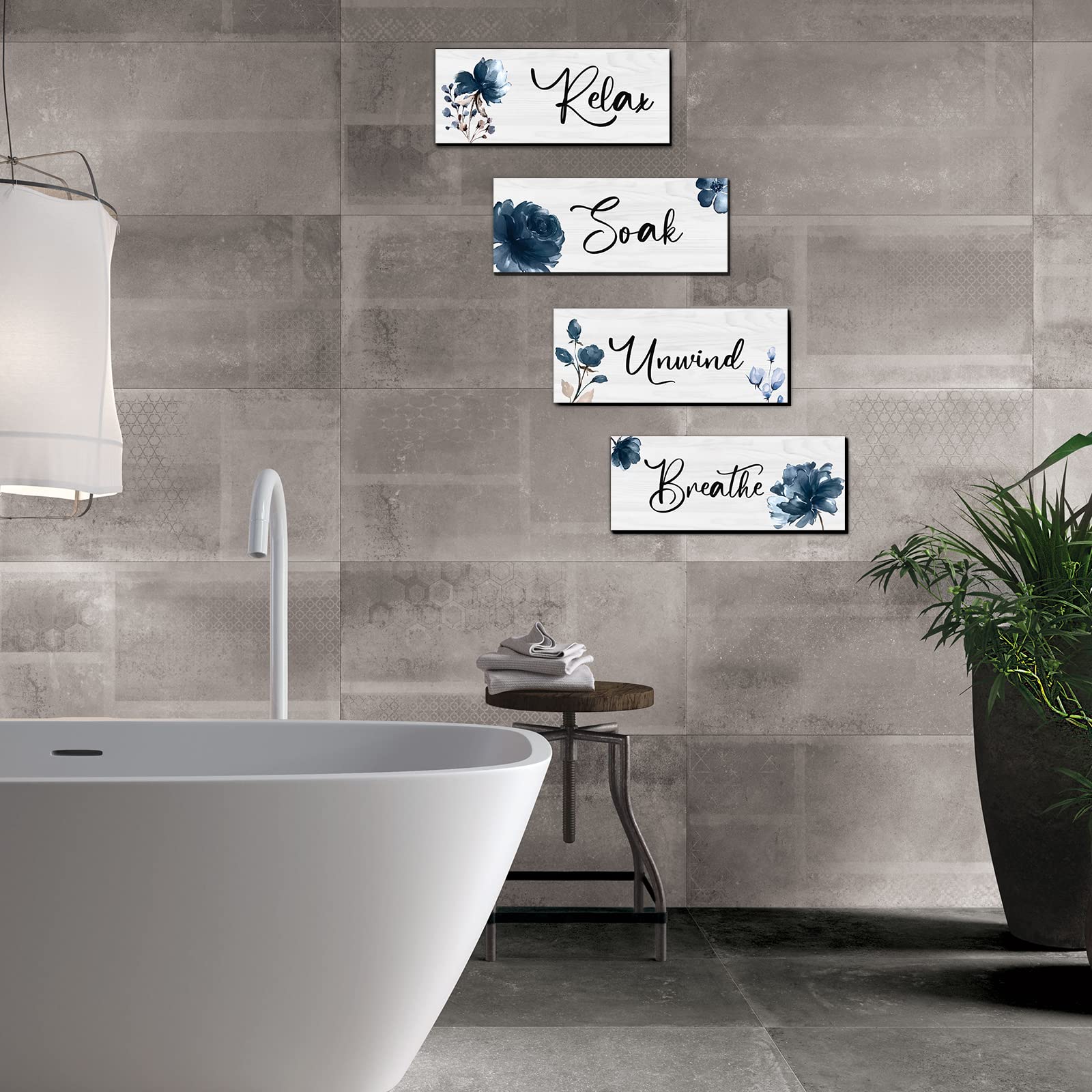 4-Piece Rustic Farmhouse Bathroom Wall Art Set - Wooden Hanging Signs with 'Relax Soak Unwind Breathe' Quotes - Perfect for Home Spa, Bathroom & Laundry Decor - Creates a Calming Atmosphere for Self-Care Moments