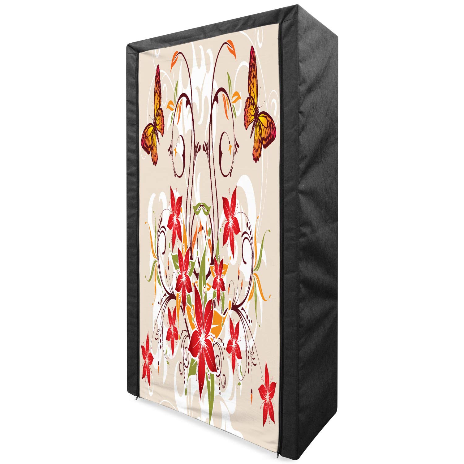 Ambesonne Floral Fabric Wardrobe - Portable Clothing Organizer with Shelves, Butterfly & Blossom Design, 33.5 Inch Beige Green Red - Perfect for Bedroom Closet Storage & Travel Use