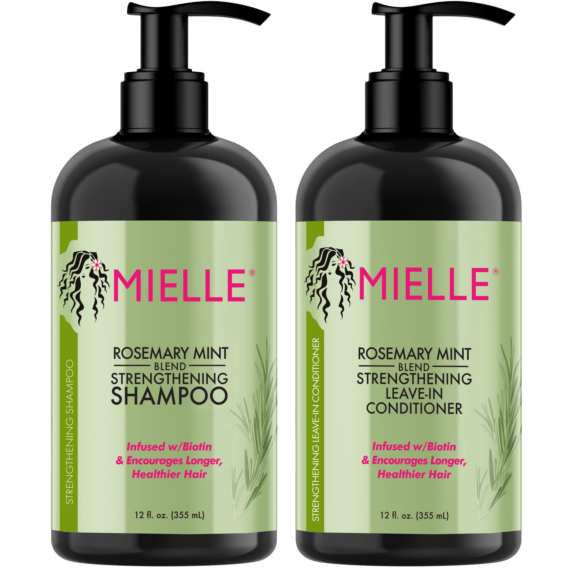 Mielle Organics Rosemary Mint Strengthening Shampoo & Leave-In Conditioner with Biotin - 12oz for Weak & Brittle Hair Care - Deep Cleansing & Hair Growth Treatment for Daily Use at Home or Salon