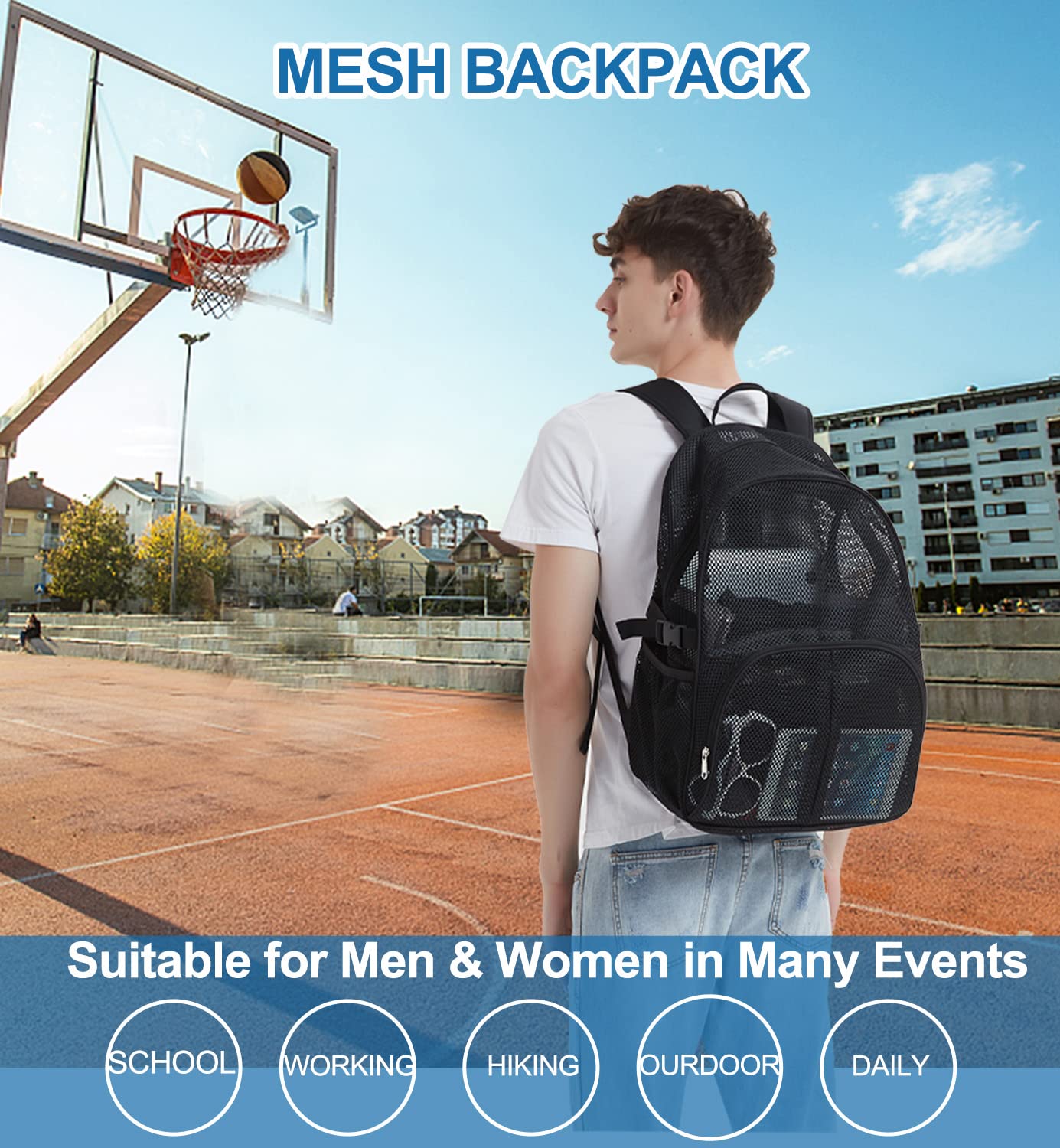 Durable 30L Heavy Duty Mesh Backpack for School & Travel - Large Black Ventilated Backpack with Laptop Compartment - Perfect for Beach, Commuting, Swimming, Gym & Outdoor Sports (Black)