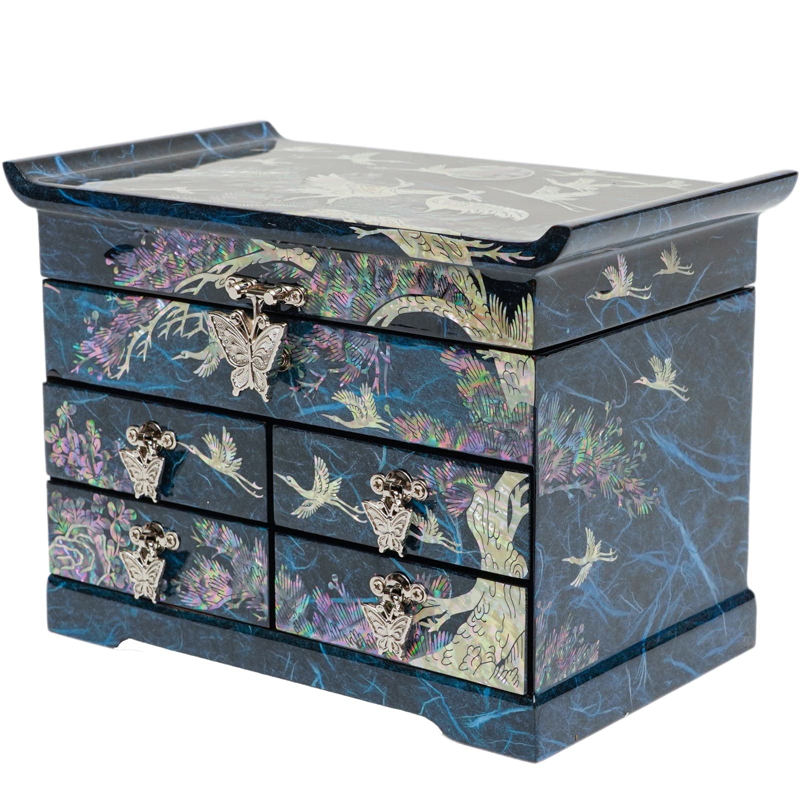 February Mountain Mother of Pearl Wooden Jewelry Organizer Box - Elegant Jewelry Storage with Spacious Drawers for Rings, Bracelets, Necklaces & Watches | Perfect Gift for Women | Home Vanity & Travel Jewelry Case (Crane Blue)