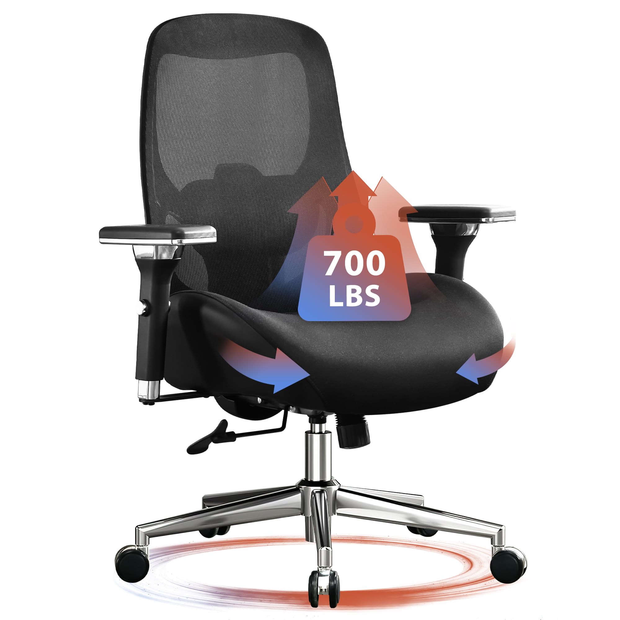 700lbs Heavy Duty Big and Tall Office Chair - Extra Wide Thick Seat Cushion & Adjustable Lumbar Support - Ergonomic Mesh Desk Chair with 4D Armrests for All-Day Comfort - Perfect for Large Men, Plus Size Users & Heavy People in Home Office or Gaming Setup