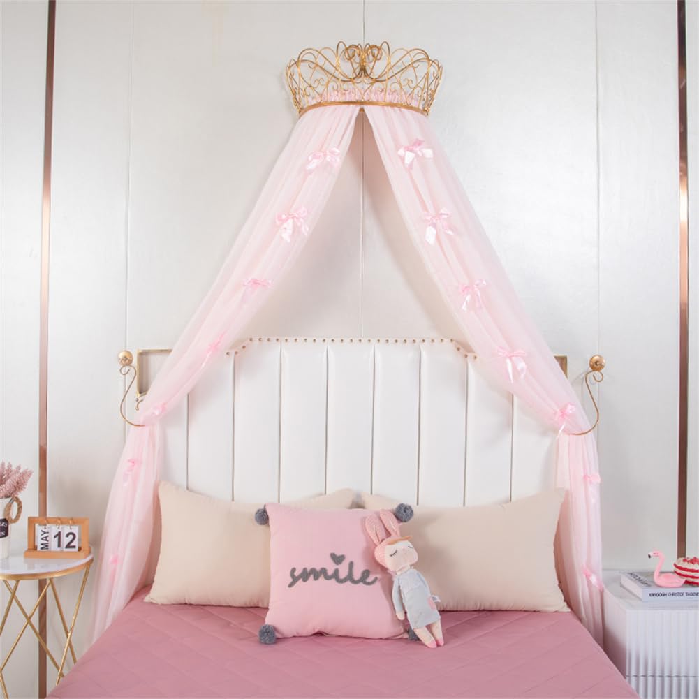 Lotus Karen Princess Bed Canopy - Pink Chiffon Girls Bed Curtain with Metal Crown & Bow Knots, Decorative Drapery for Kids Room, Perfect for Princess-Themed Bedrooms & Birthday Decorations