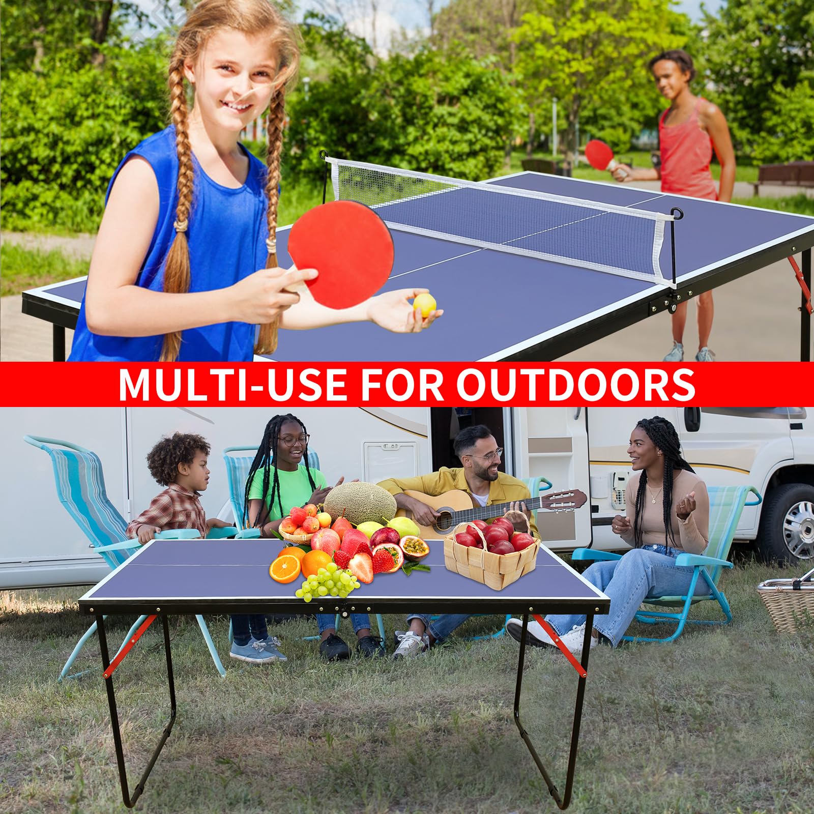 Foldable Table Tennis Table Set - Portable Ping Pong Table with Net, 2 Paddles & 3 Balls | Indoor/Outdoor Game Table for Family Fun, Backyard Parties & Recreation Rooms (Blue)