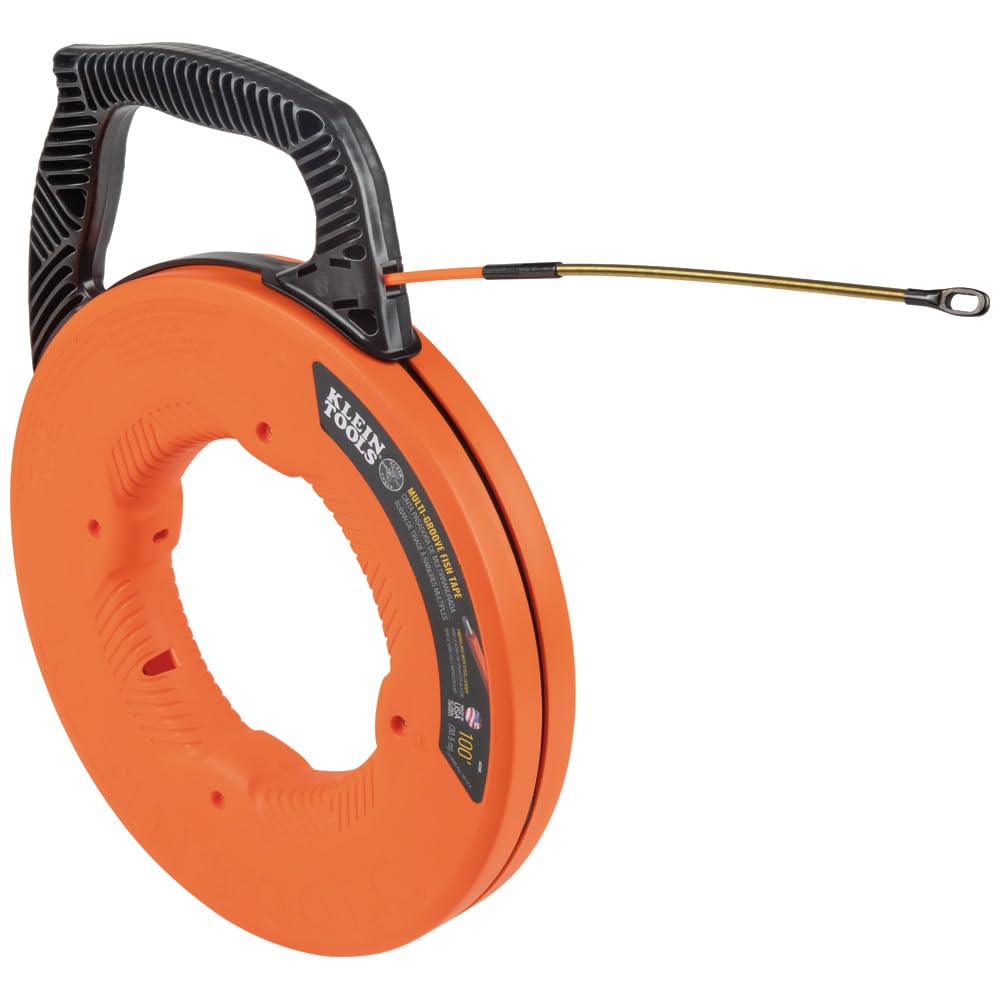 Klein Tools 56380 Non-Conductive Electrical Fish Tape - 100-Foot x 3/16-Inch Fiberglass Wire Puller with Steel Leader for Safe Electrical Wiring | Ideal for Electricians, DIY Home Wiring & Conduit Installation