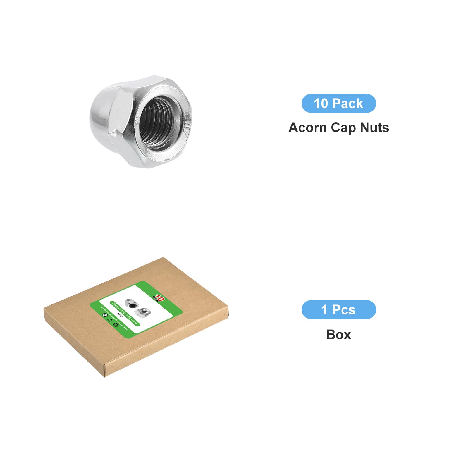 uxcell 10Pcs M10x1.5 304 Stainless Steel Acorn Cap Nuts - Dome Head Hex Nut for Bolt Cover, Automotive & Furniture Hardware (Silver) - Perfect for DIY Projects, Machinery Protection & Decorative Finishes