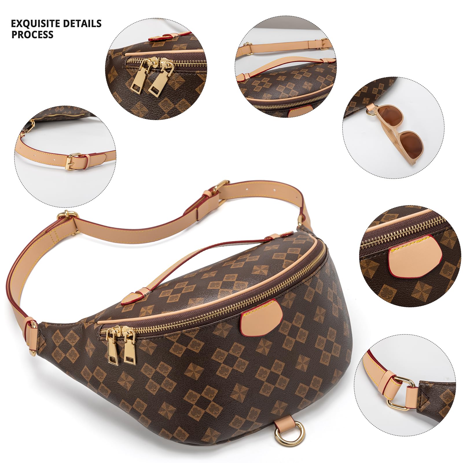 Trendy Checkered Crossbody Sling Bag for Women - Adjustable Strap Fanny Pack with Large Opening & Two-Way Zipper - Chest Bag for Daily Use, Shopping & Travel (Brown) - Perfect for Errands, Commuting & Outdoor Adventures