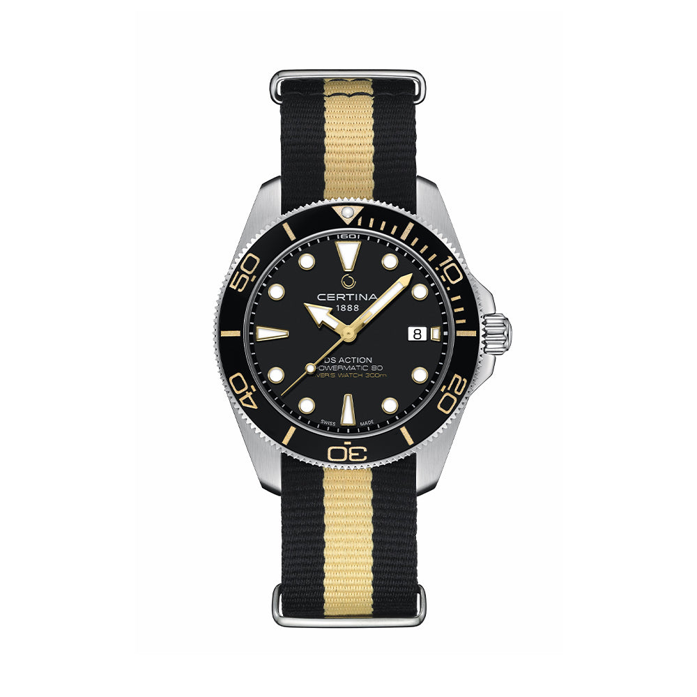 DS Action Diver 40.5mm Black Dial Men's Watch with Two-Piece Strap - Perfect for Water Sports, Diving & Everyday Wear