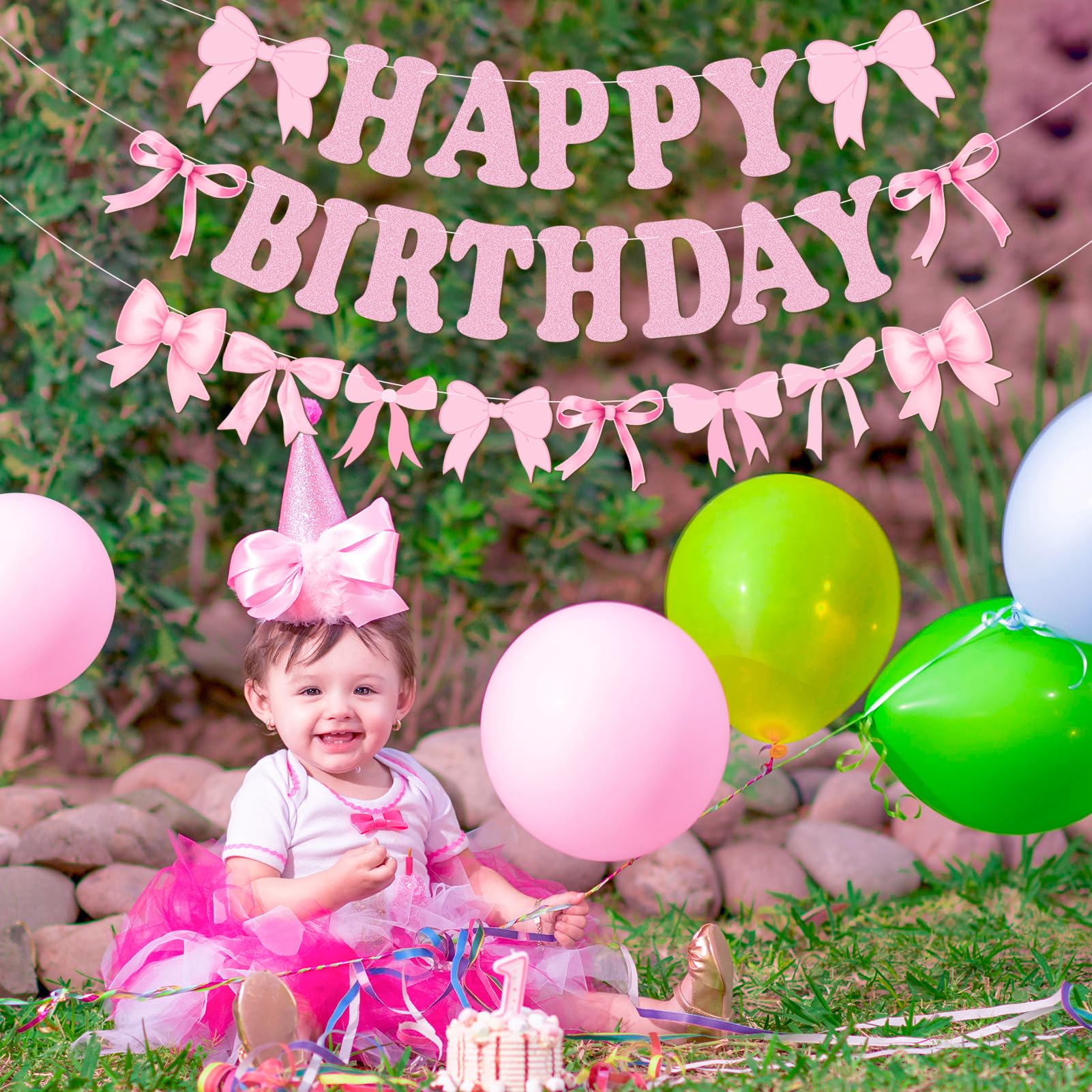 Happy Birthday Banner with Pre-Strung Pink Bows - Elegant Garland for Women & Girls Birthday Party Decorations | Perfect for Baby Showers, Bridal Showers, and Birthday Party Backdrops