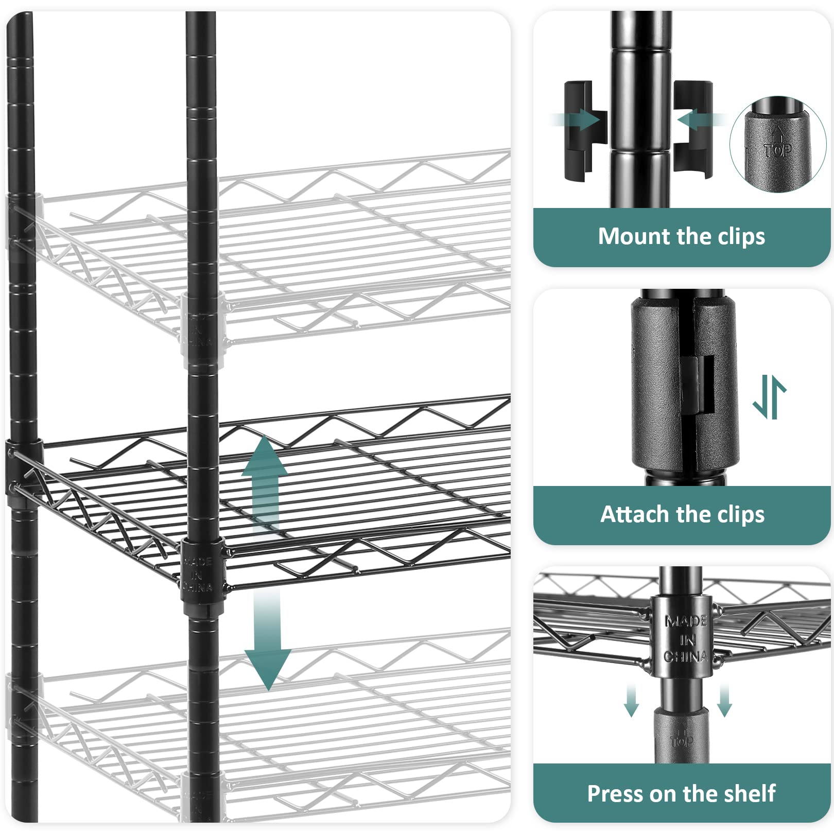 Homdox 6-Tier Heavy Duty Wire Shelving Unit - Adjustable Free Standing Storage Rack with Leveling Feet & Stainless Steel Side Hooks, Black - Perfect for Garage, Pantry, Closet, and Office Organization