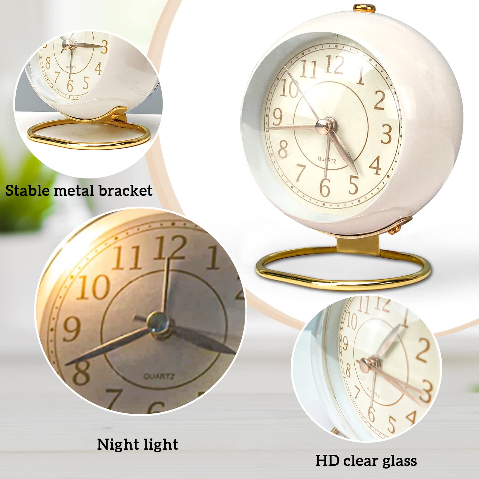JUSTUP Small Silent Analog Alarm Clock - Battery Operated Desk Clock with Backlight & HD Glass - Perfect for Kids Room, Bedroom, Living Room, Kitchen Decor (White) | Ideal for Nighttime Reading, Office Use, and Home Décor