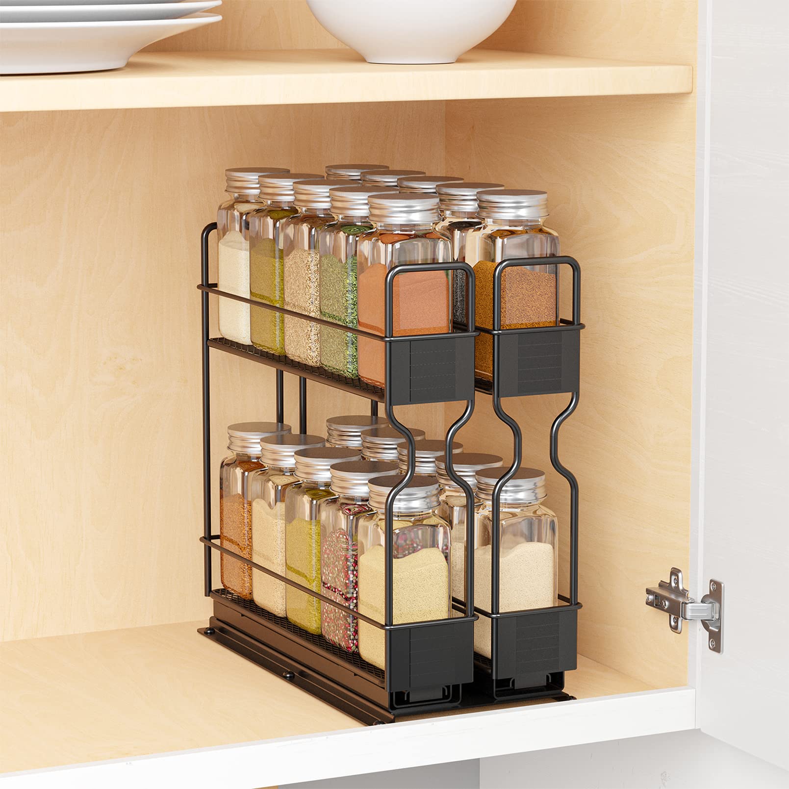 SpaceAid Pull-Out Spice Rack Organizer with 20 Jars - 2-Tier Slide-Out Cabinet Organizer for Kitchen, Includes Labels (5.2